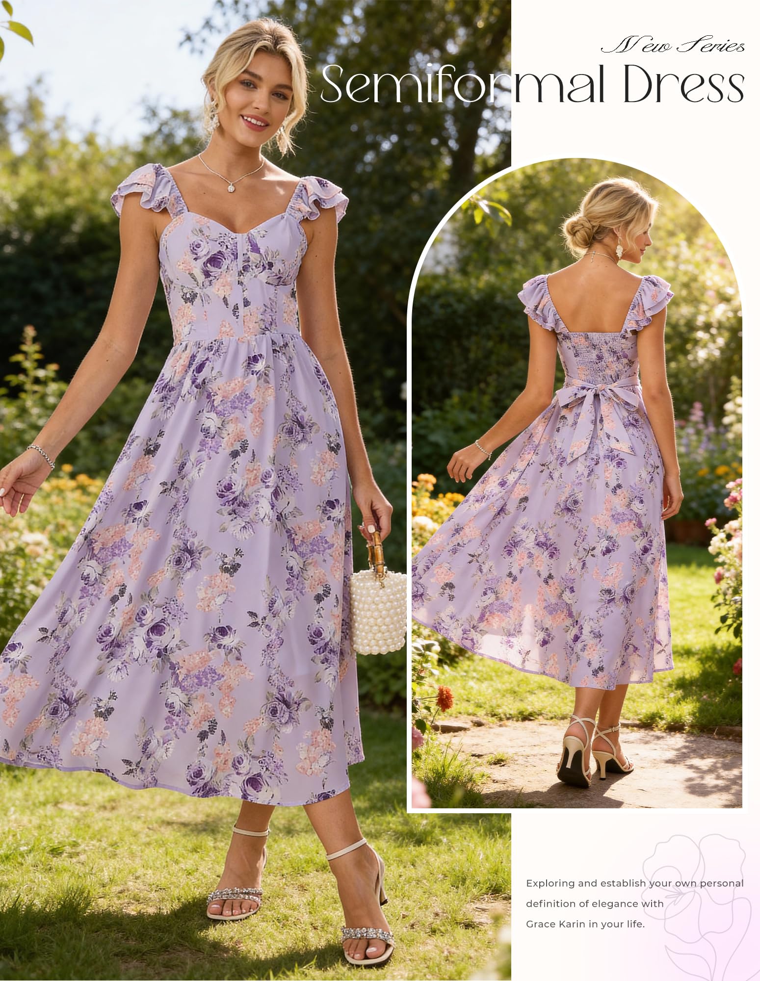 GRACE KARIN Damen Kleider Sommer Spaghettiträger Rüschen Blumen Sommerkleid Lang Chiffon A-line Bogen Strandkleid mit Taschen