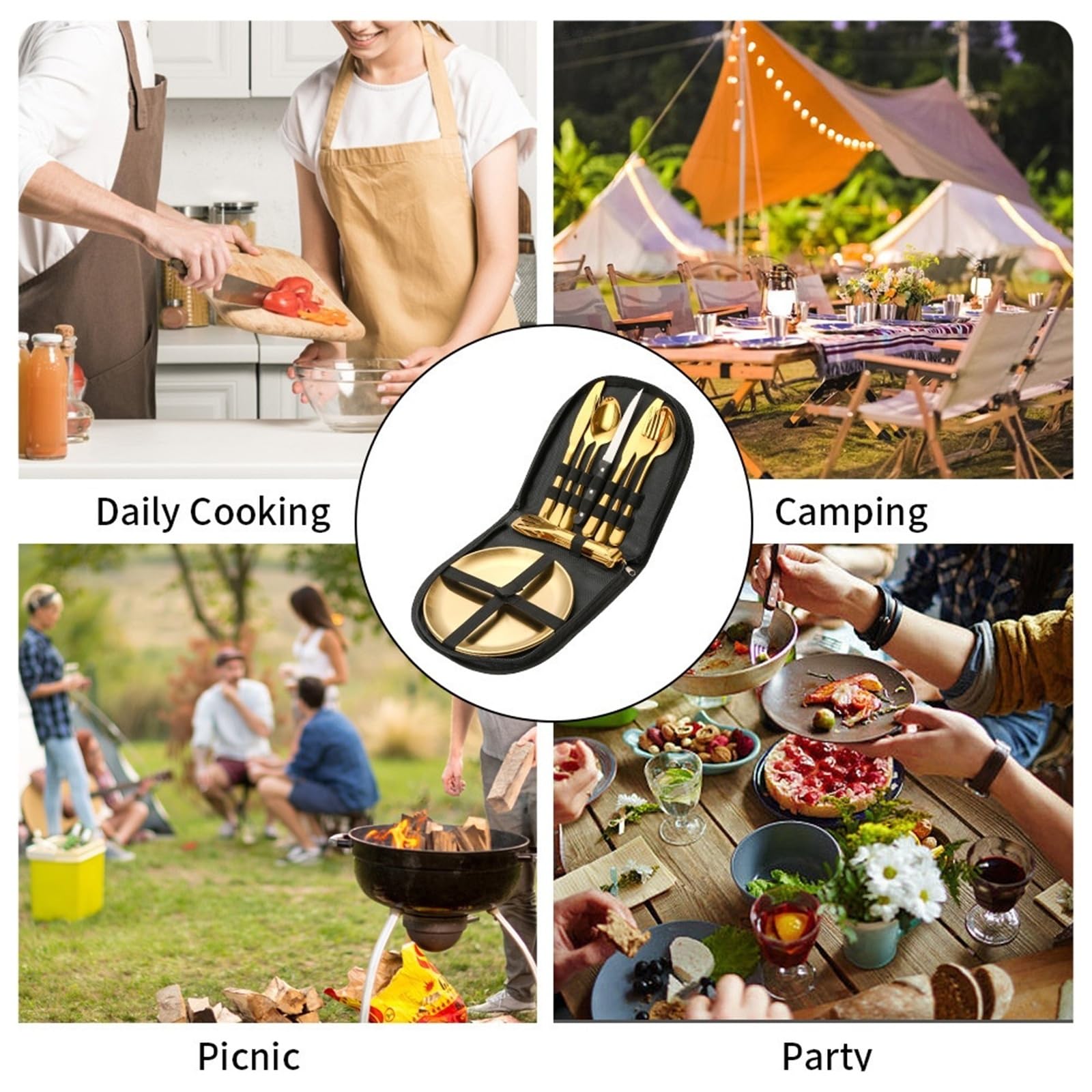 Juego de Cubiertos portátiles de Acero Inoxidable for Viajes, Camping y picnics al Aire Libre: Incluye Tenedor, Cuchara, Cuchillo y Plato.(Gold,18pcs)