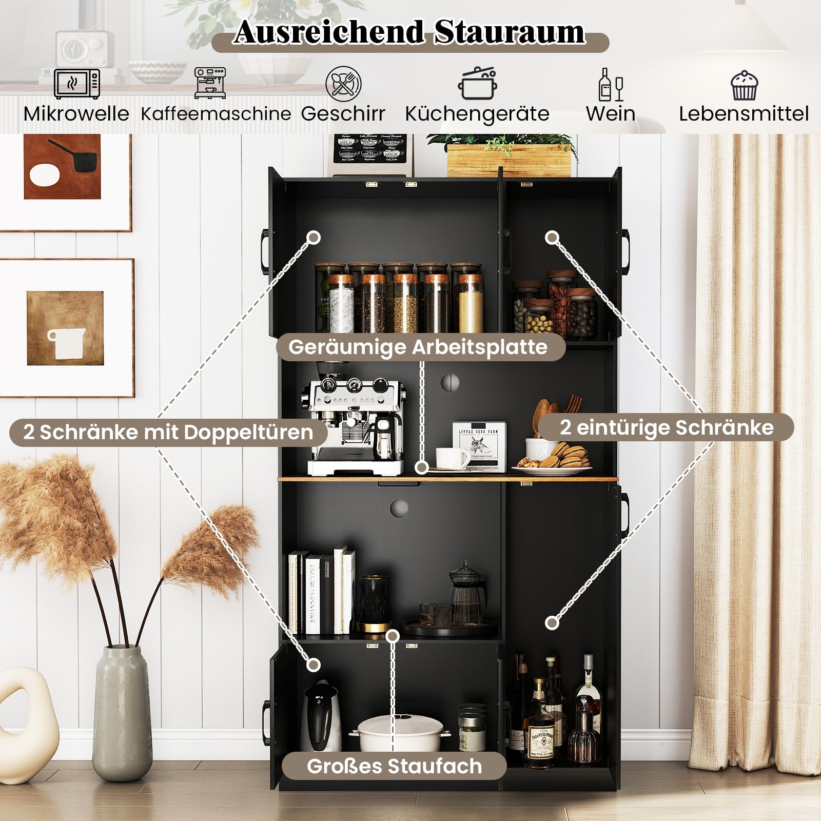 COSTWAY Küchenschrank Holz, Buffetschrank mit Steckdose, Hochschrank mit Türen & Arbeitsplatte, Vorratsschrank Aufbewahrungsschrank, für Küche & Wohnzimmer, 100 x 40 x 180 cm (Schwarz)