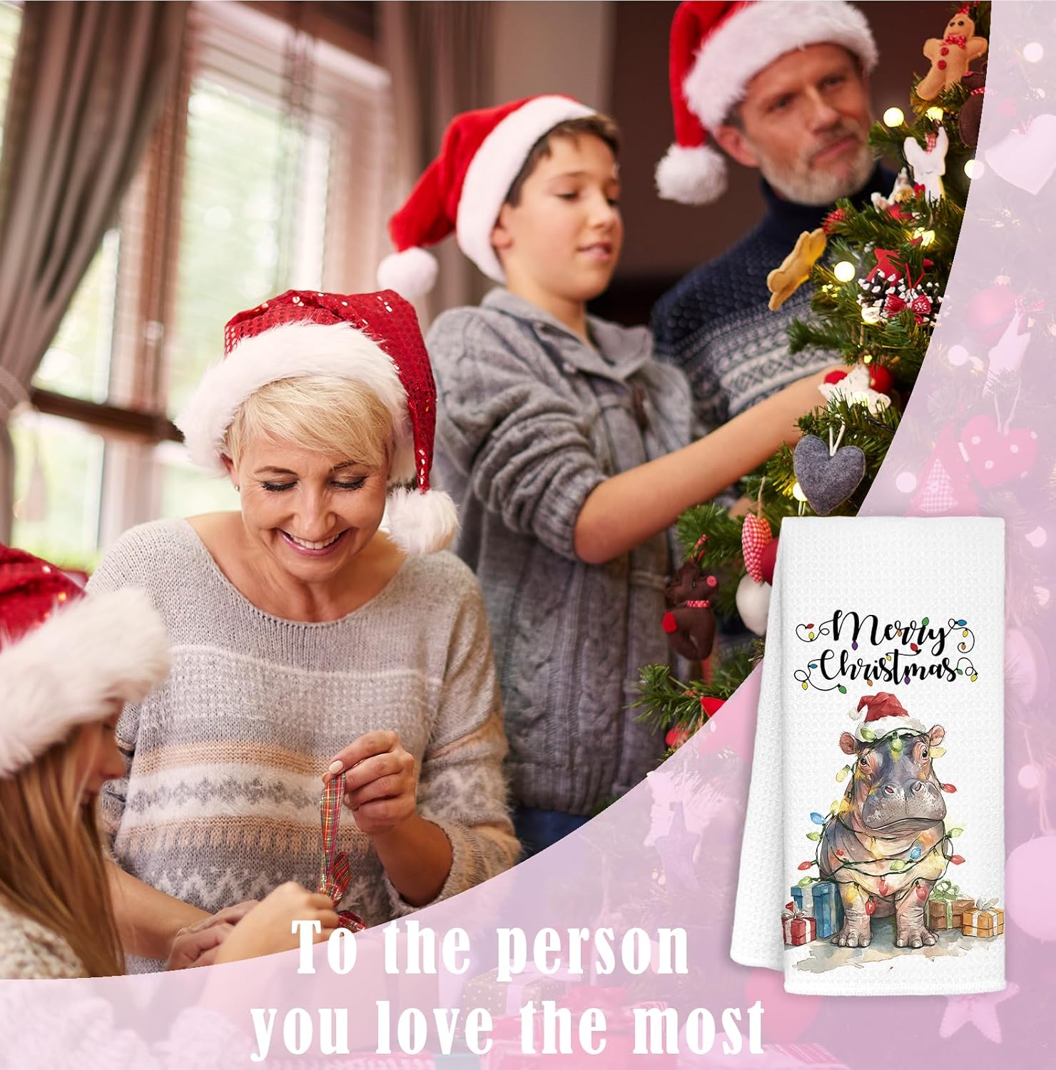 Christmas Hippo Kitchen Hand Towels,Christmas Decorations Tea Towels Dish Rags,Gifts for Women Hippo Lovers,Xmas Kitchen Bathroom Decor,16x24 Inch - Image 6