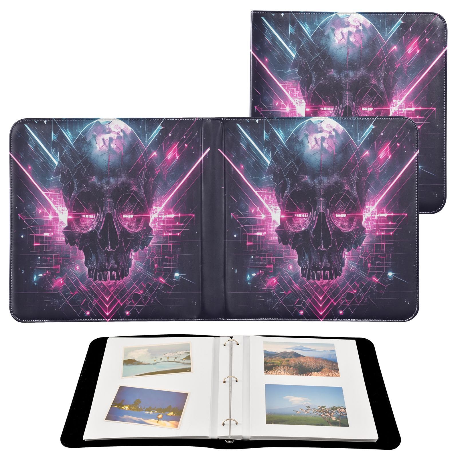 Kigai Skull Photo Album Self Adhesive Scrapbook Album Leather Cover DIY Picture Scrap Book with 20 Adhesive Sheets, 11.8x24x0.8 inch