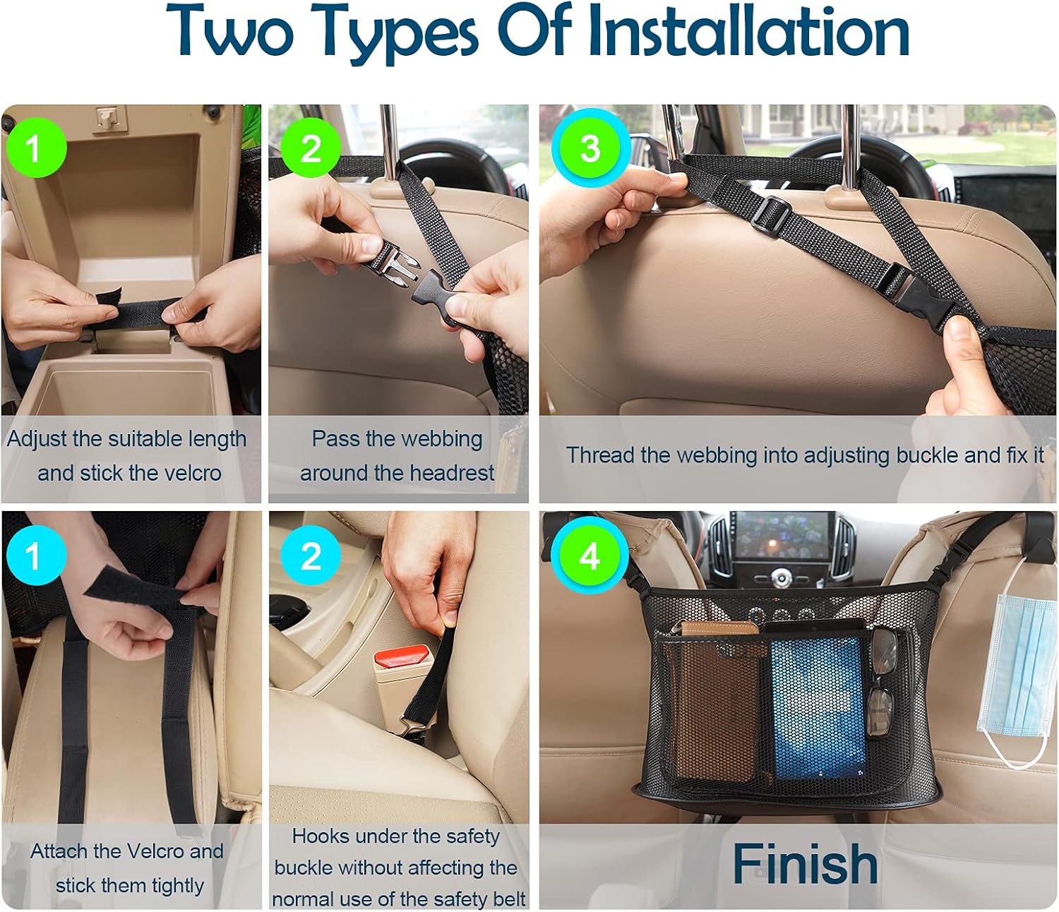 Car Net Pocket Handbag Holder Between Seats   Upgraded Car Net Purse Phone Holder for Front Seat, Car Storage Net Bag Holder for Women Driver Storage Netting Pouch Barrier of Backseat Pet Kids, with 2 Seat Headrest Hooks Photo