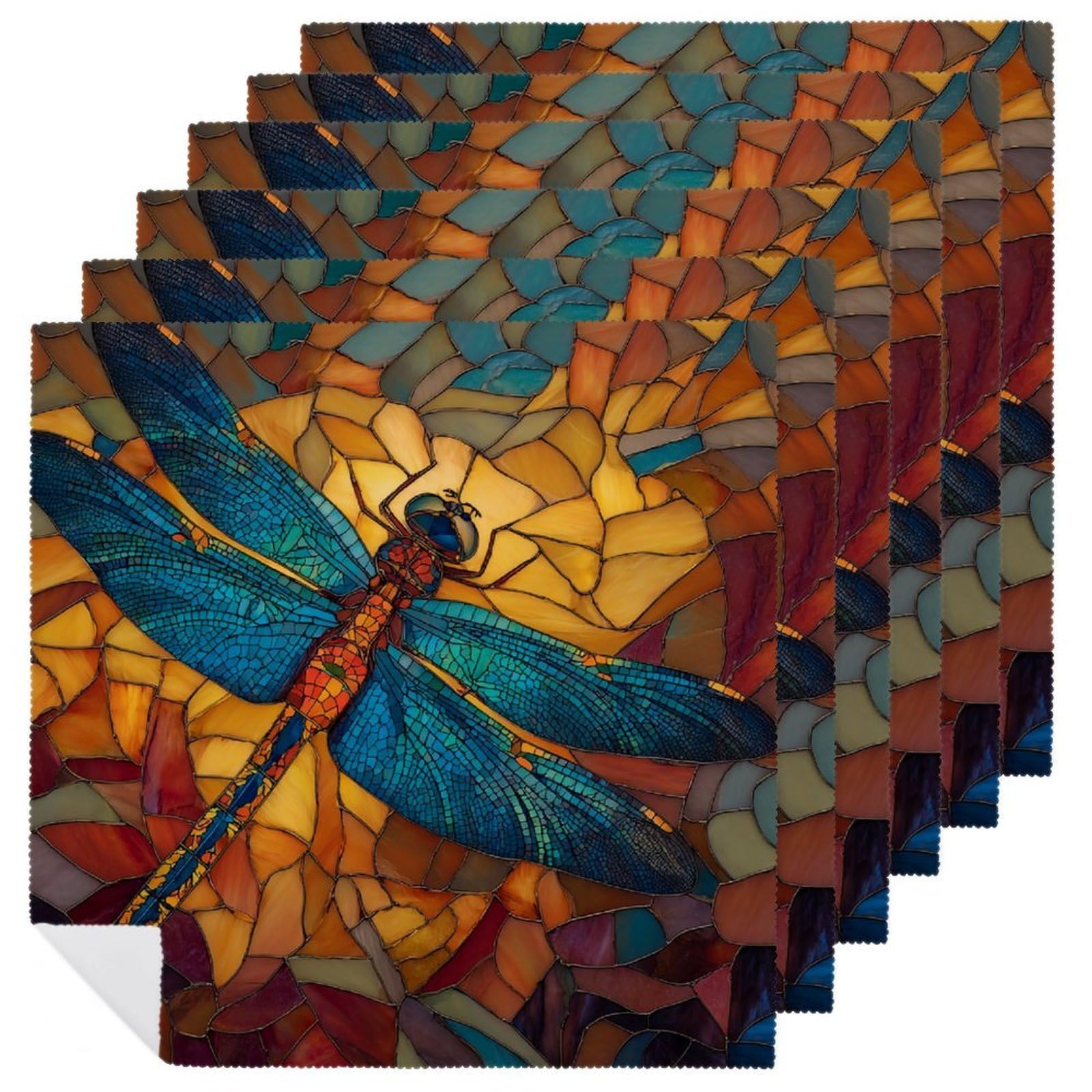 Stained Glass Style A Dragonfly Cloth Napkins Set of 6, Square Premium Reusable Washable Polyester Table Linen Napkin for Dinner Party