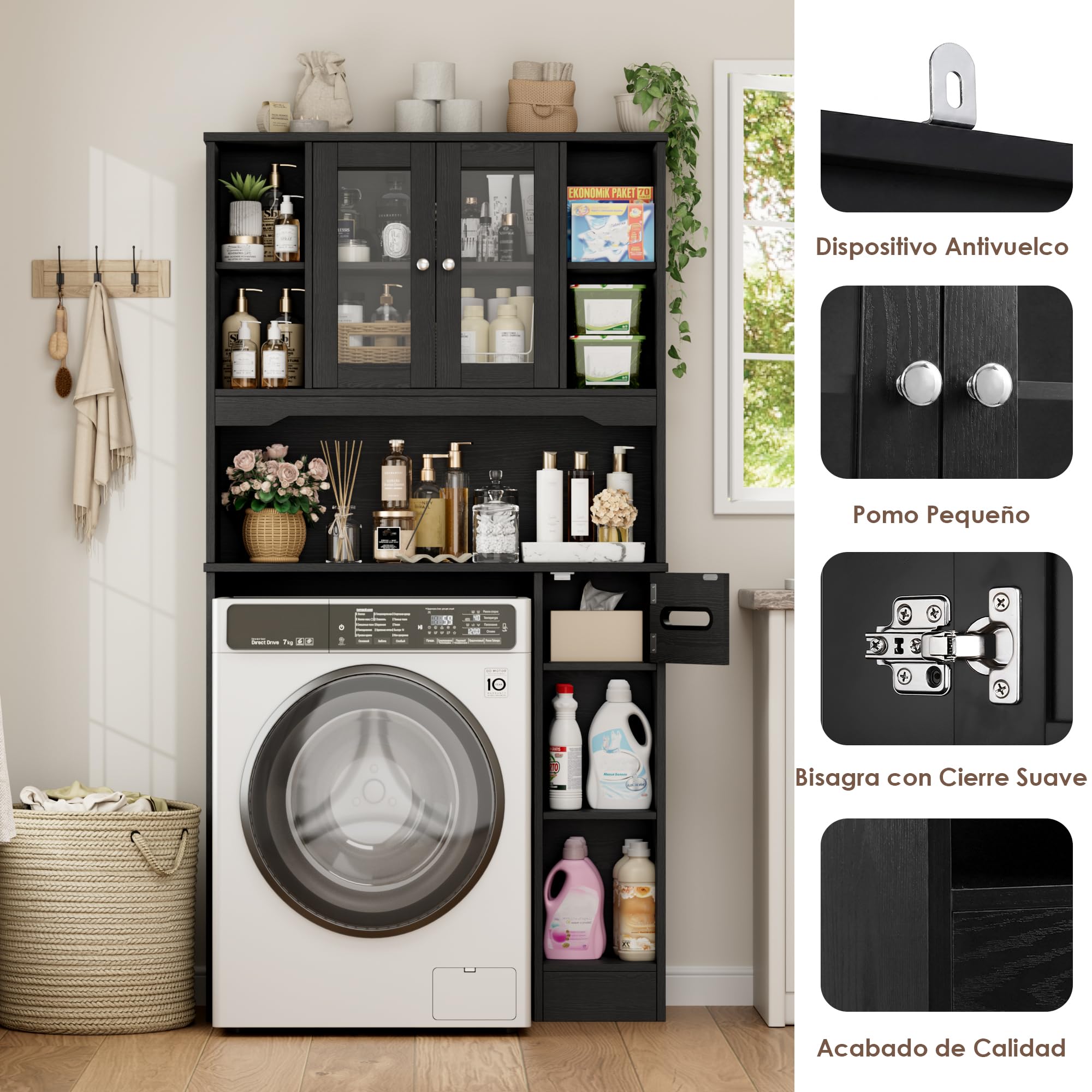 FOREHILL 173cm Mueble sobre Inodoro, Armario Baño, Gran Capacidad, Negro | Mueble Alto para Lavadora, Estanteria Baño, con Estante Ajustable, 2 Puertas, Soporte para Papel Higiénico, 89x20x173cm