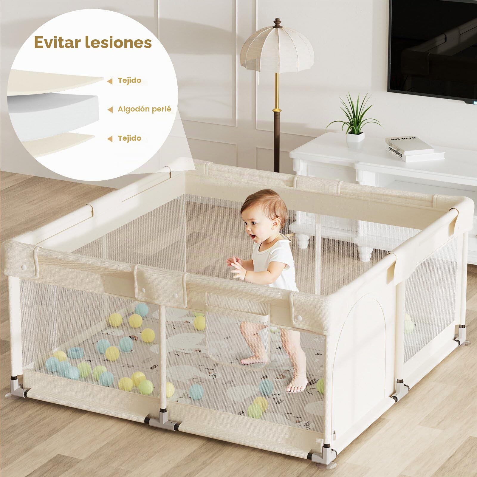Parque Bebe con Alfombra, Beige Niño, Barreras, Parque Bebé de Tela Oxford, Juego para Apartamento