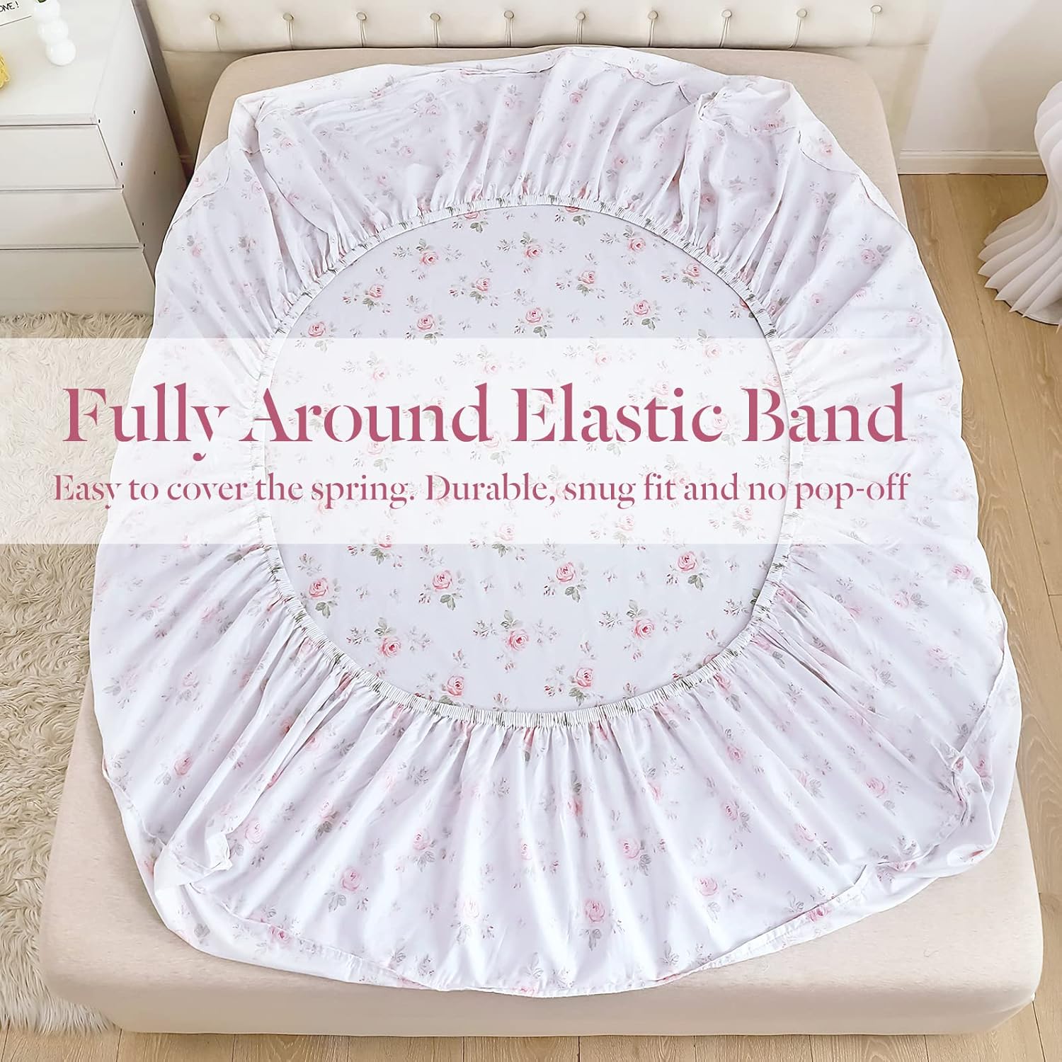 Lady Ann 100% Cotton Floral King Size Sheets Set Deep Pockets, Shabby Vintage Chic Printed Bed Sheets Rose Flower Pattern Cotton King Bedding 4-Piece Breathable Botanical Sheets