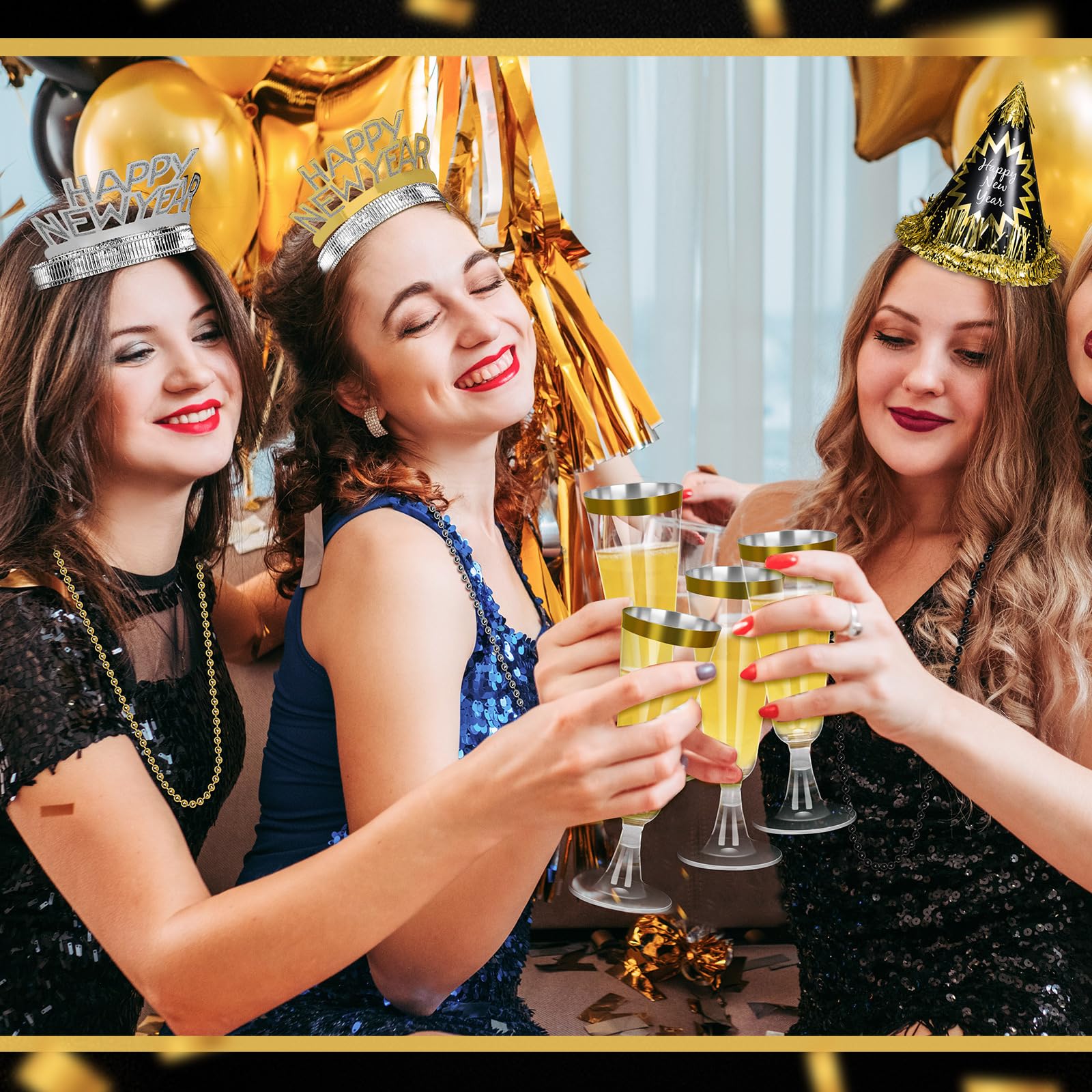 96-teiliges Silvester-Partyzubehör enthält 12 Kegelhüte, 12 Stirnbänder, Diademe, 24 Kunststoff-Champagnerflöten, 24 Perlenketten, 24 Squawker für Happy Silvester-Dekorationen, Party (96)