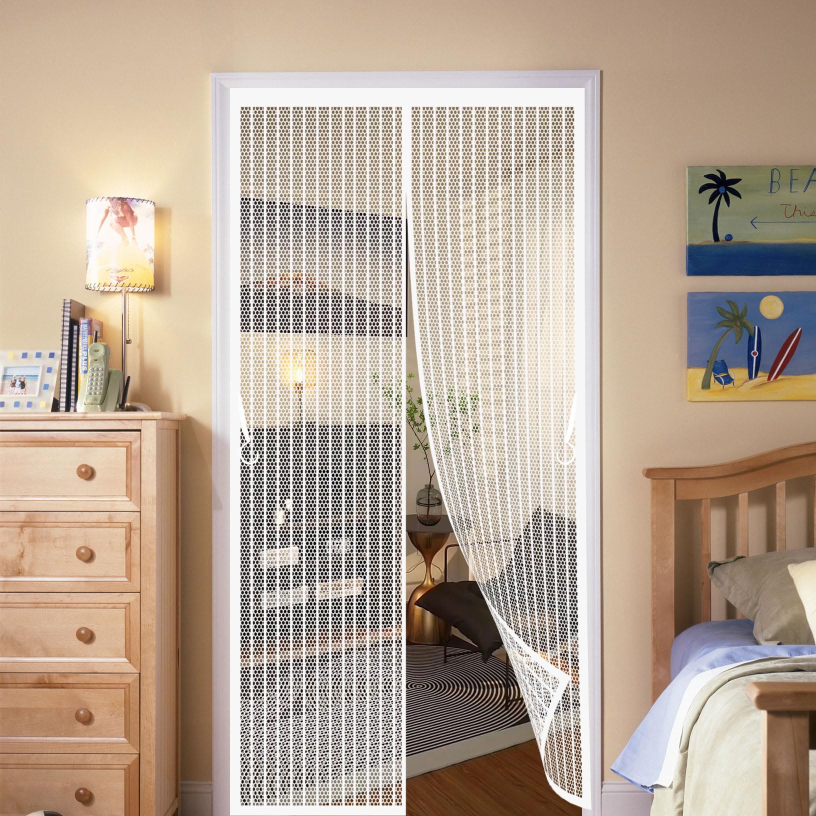 Magnetic Screen Door 103 x 153 cm Durable Polyester Mesh, Keeps Bugs Out Fly Screens Doors Nets Easy to Install Without Drilling for Living Room, Kitchen, Bedroom, White