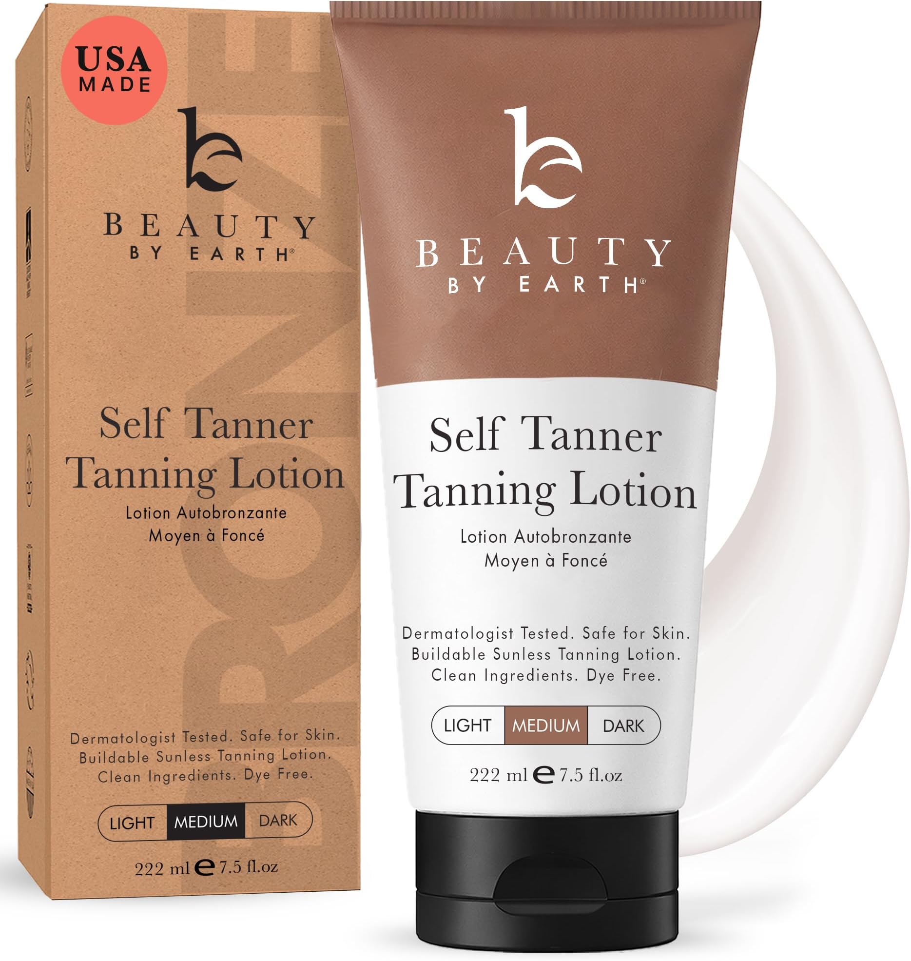 Beauty by Earth Self Tanner - USA Made with Natural & Organic Ingredients, Moisturizing Self Tanning Lotion with Aloe Vera & Coconut for a Natural Glow, Streak-Free Fake Tan, Medium to Dark