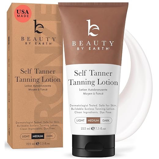 Beauty by Earth Self Tanner Tanning Lotion - Sunless Tanner with Organic Ingredients for Natural Glow, Long Lasting Fake Tan Lotion, Body Bronzer Quick Tan Tanning Cream, Medium to Dark Self Tanner