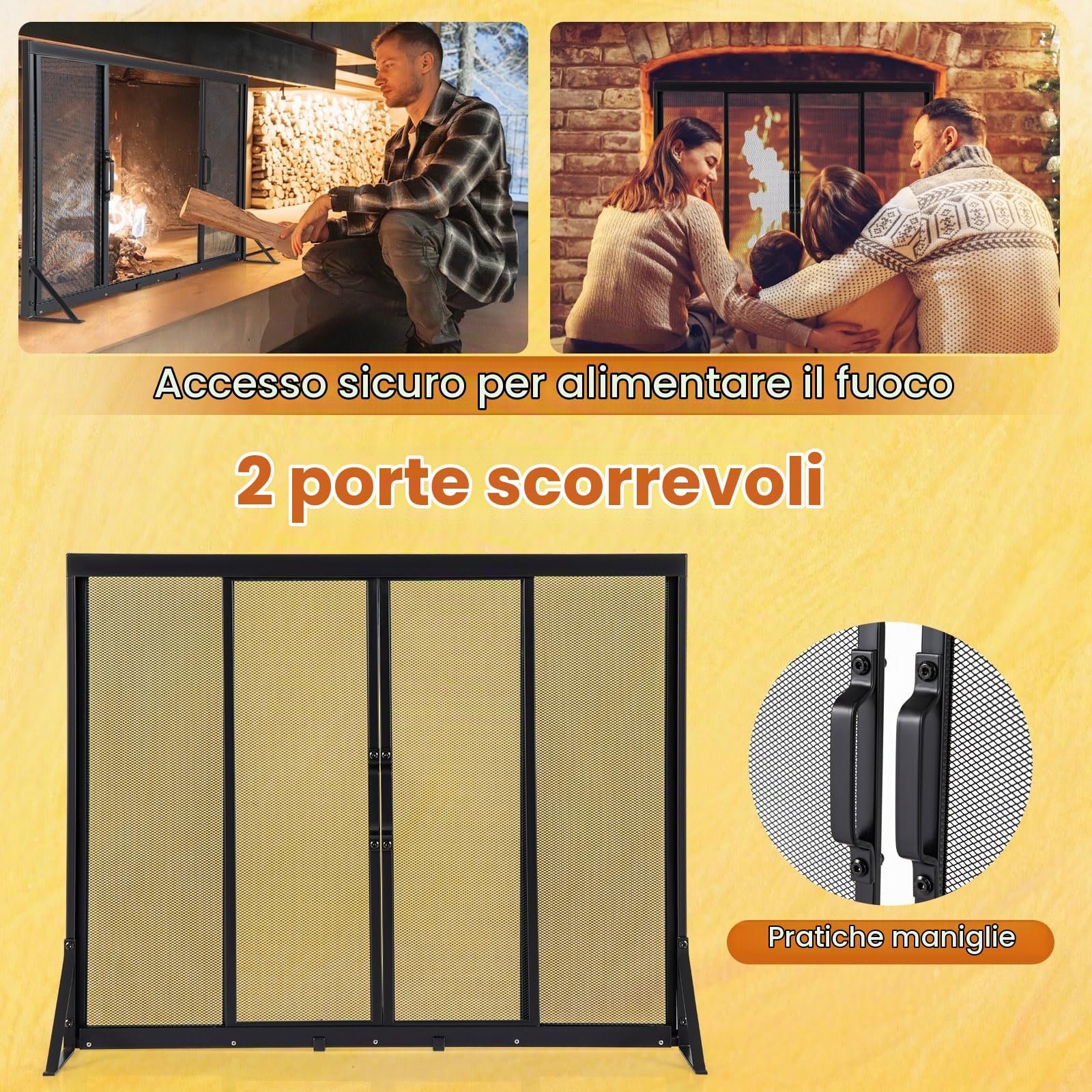 LIFEZEAL Parascintille per Camino a Legna, con Porte Scorrevoli con Maniglia, Paraschizzi per Caminetto, Protezione di Stufa, Grilla a 4 Pannelli, Schermo in Metallo, Rete Decorativa, Nero (89 cm)