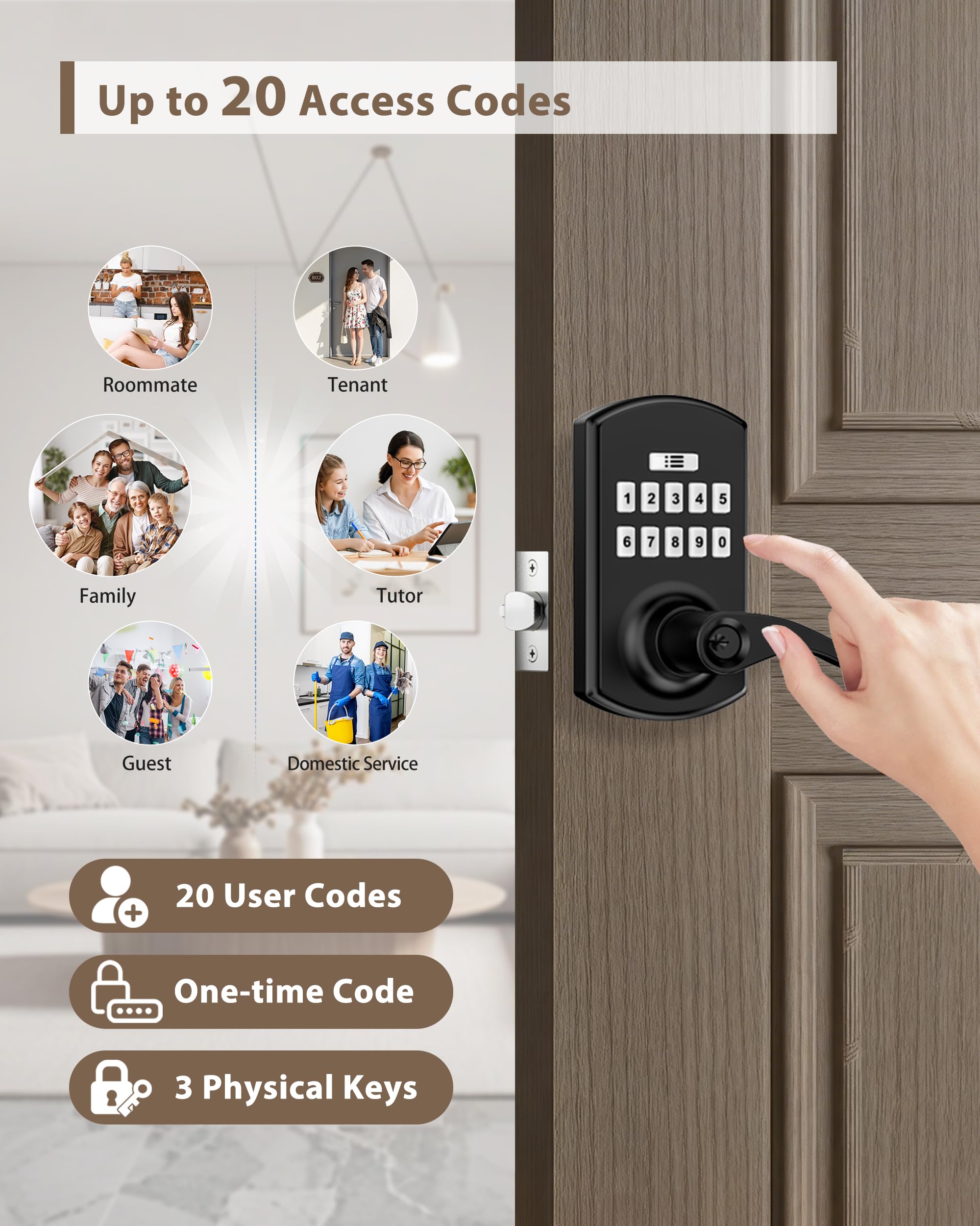 Serratura della porta della tastiera con maniglia, serratura elettronica senza chiave con codice, serrature intelligenti per porta d'ingresso, modalità di passaggio facile, blocco automatico, nero