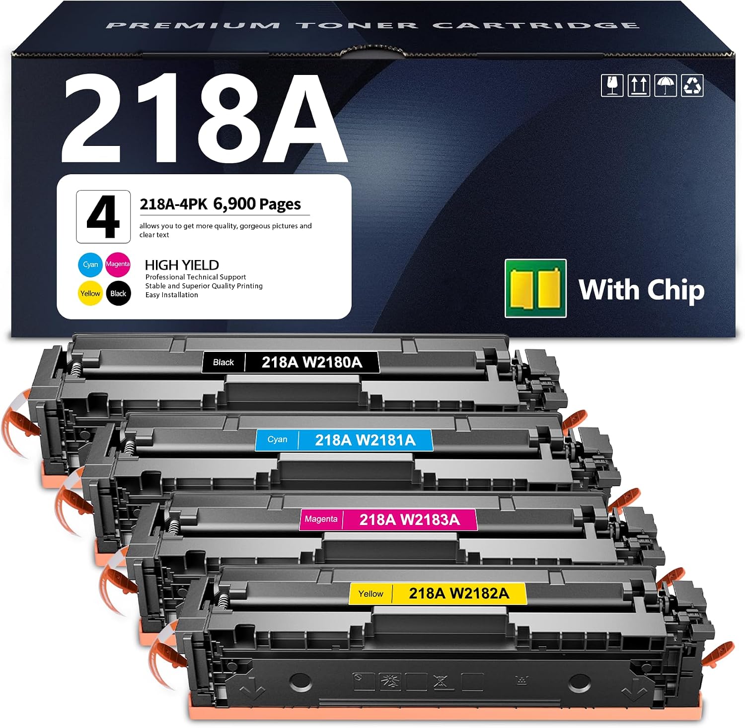 218A Toner Cartridge (with CHIP) Black Cyan Magenta Yellow 4 Pack Replacement for HP 218A Toner W2180A Color Pro 3201dw MFP 3301cdw 3301fdw 3301sdw Printer