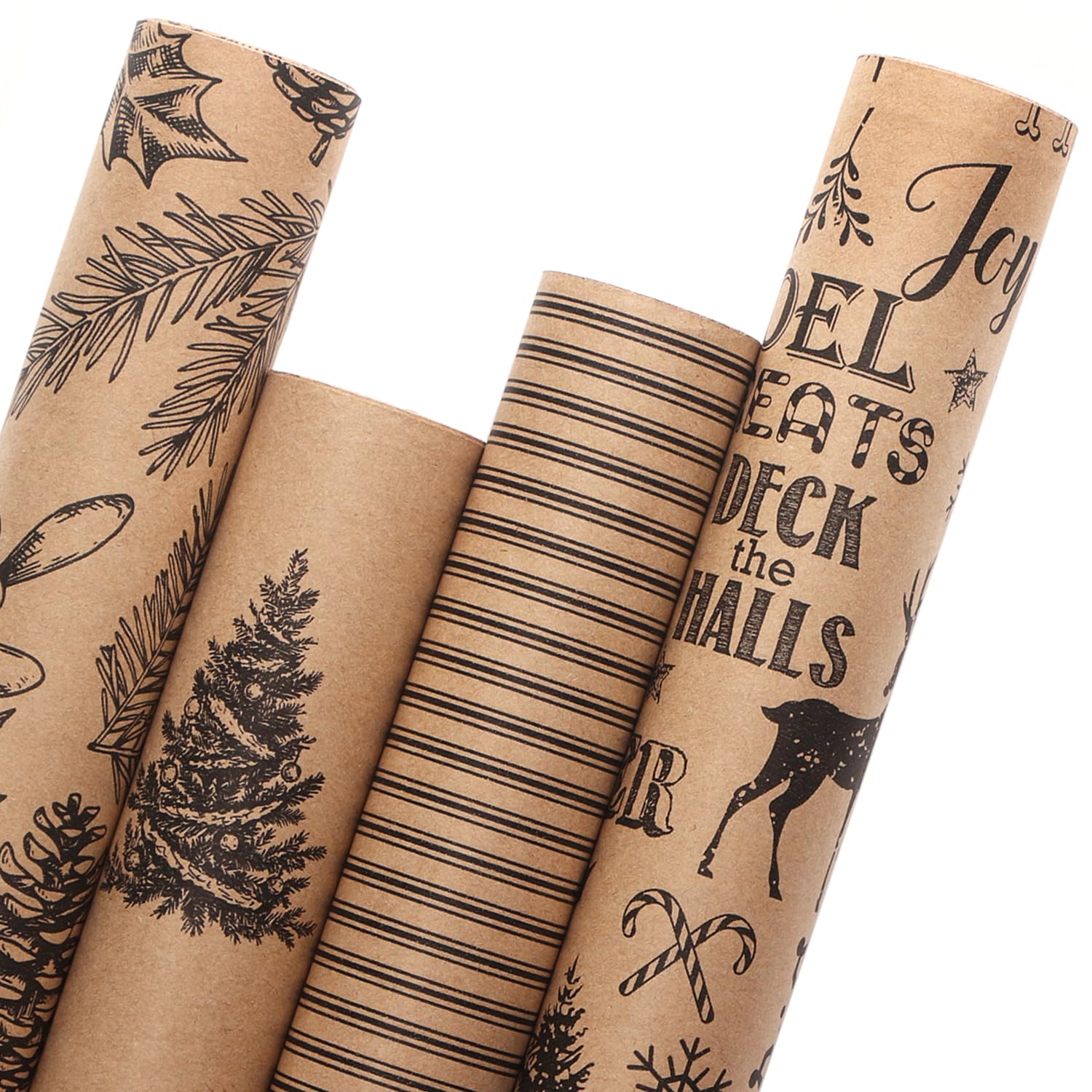 Condition photo showing New/Like New for Ribbli Christmas Wrapping Paper, 4 Rolls Vintage Christmas Gift Wrapping Paper, Brown Kraft Paper with Black Pattern, 17 x120 inch(10ft) Per Roll