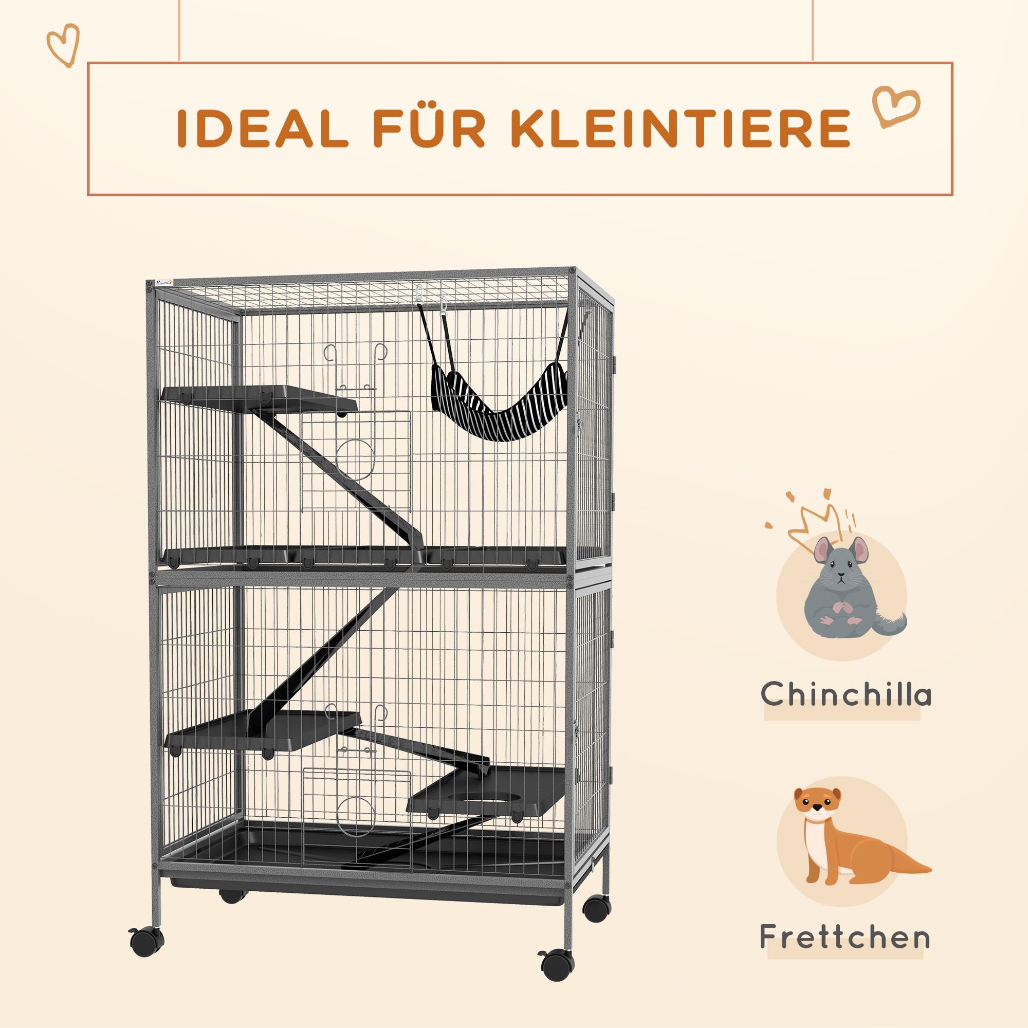 PawHut Freigehege Kleintiergehege mit ausziehbarem Tablett, Hängematte, Rampen, Rollen Kleintierkäfig Gehege für Kleintiere, Eichhörnchen Chinchilla, 80 x 52 x 128 cm Grau