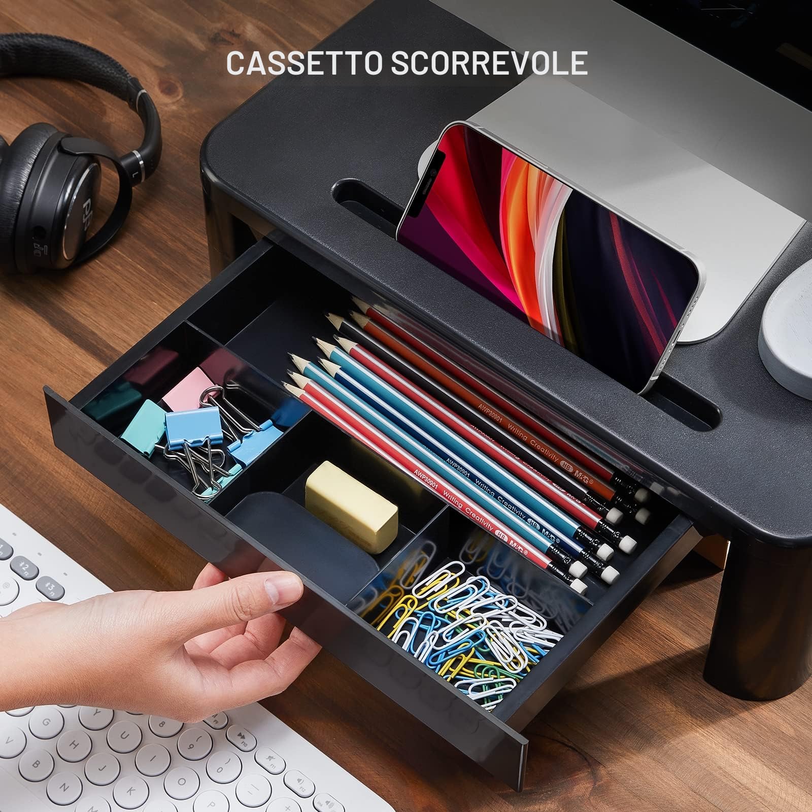 LORYERGO Supporto per Monitor con 3 Altezze Regolabili Carico Fino a 20KG per Monitor PC Laptop Stampante Monitor da Scrivania con Organizzatore Porta Oggetti - Plastica
