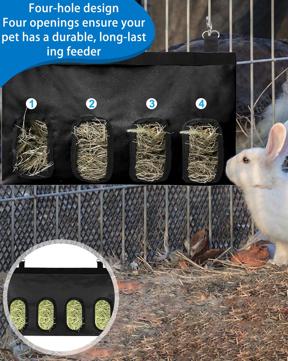 Sac de foin pour lapin, sac de foin, sac d'alimentation pour foin, sac de foin pour petits animaux, mangeoire suspendue pour foin avec 4 fenêtres pour petits animaux, noir