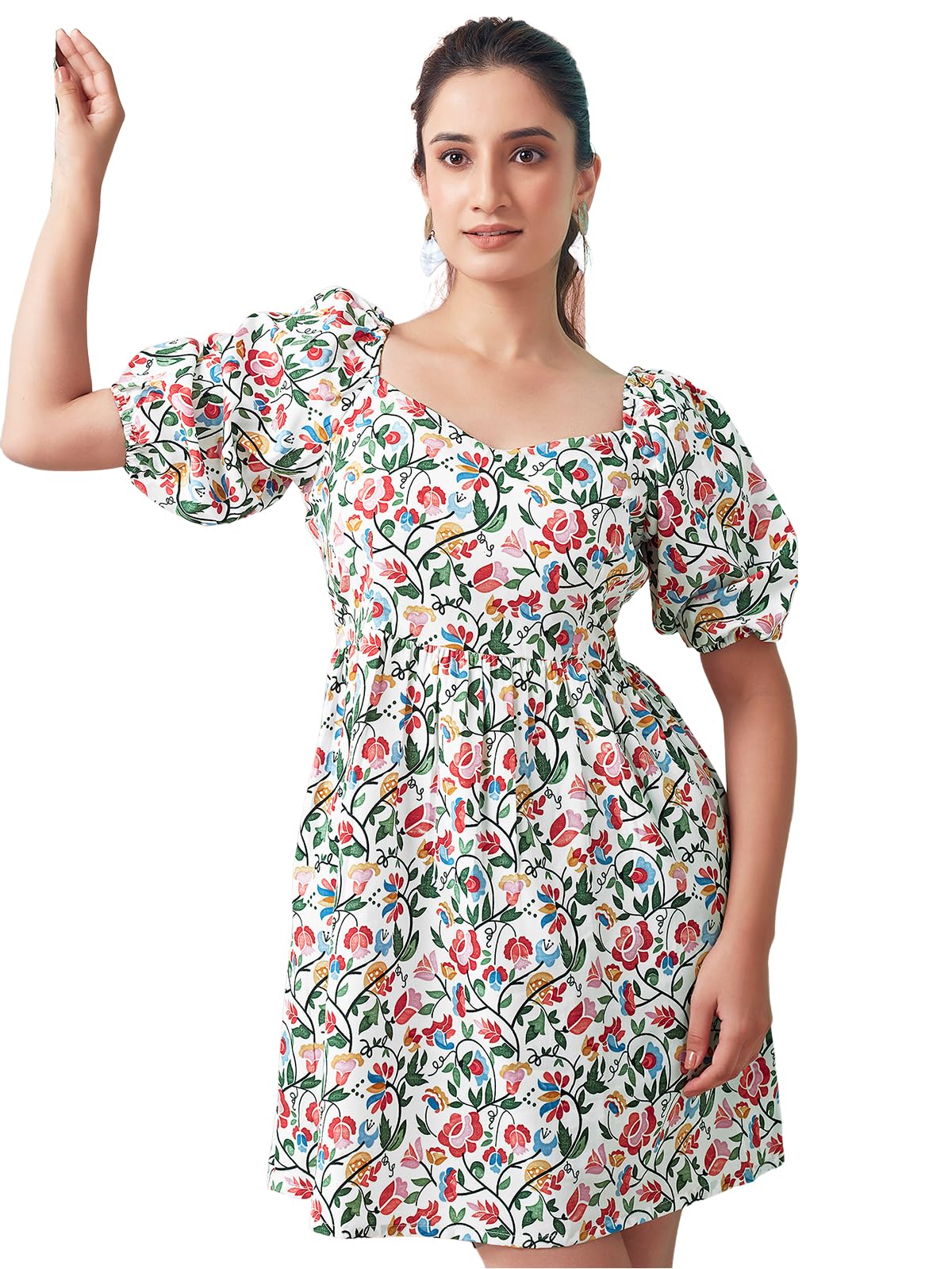 Selvia Western Dress For Women| Floral Printed Short Sleeve Crepe Western Dress For Women | Sweetheart Neck A-Line Dress For Women | One Piece Dress For Women (644Dtk655N-Xl_White & Multi)