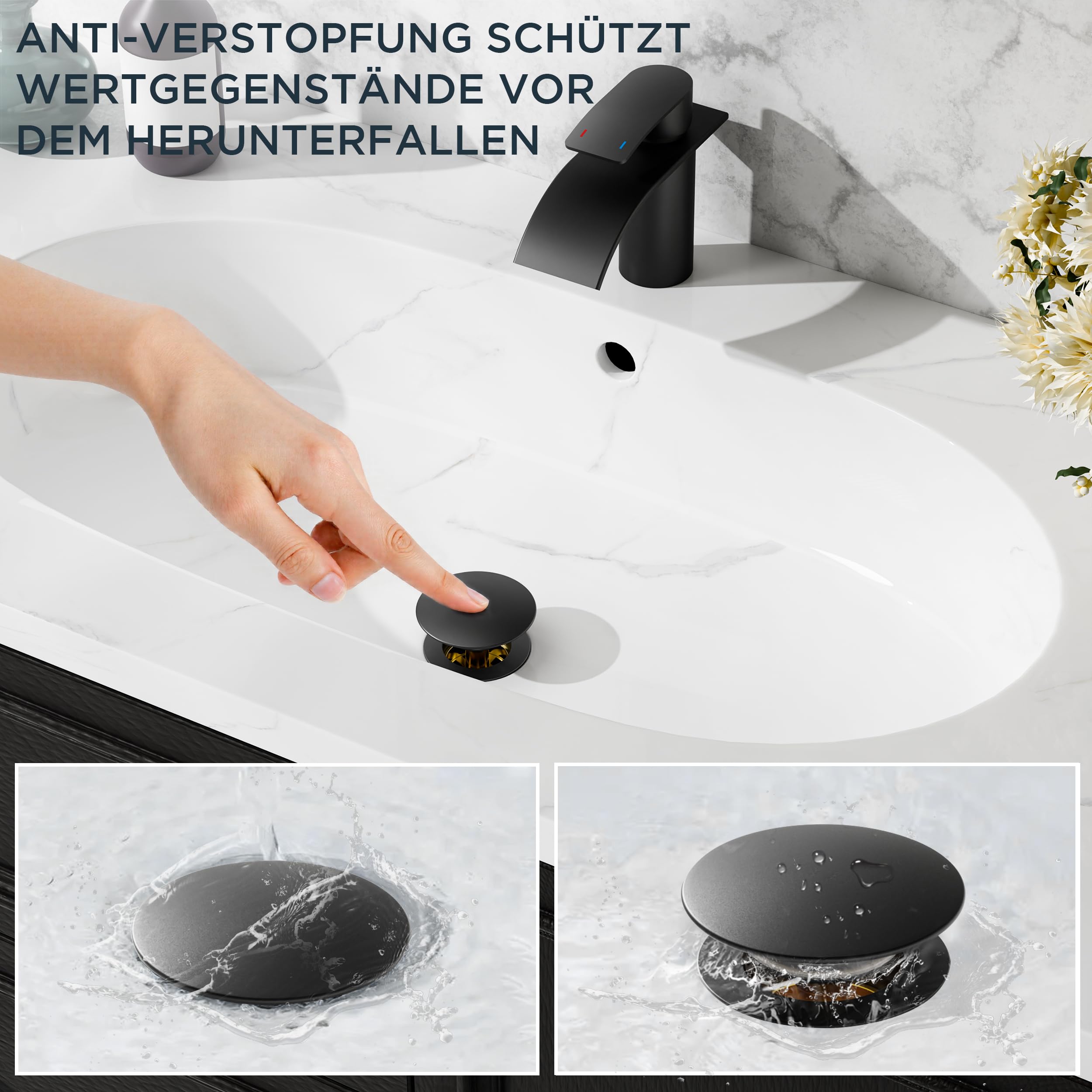 FORIOUS Wasserhahn Bad Schwarz mit Ablaufgarnitur, Edelstahl Wasserfall Waschbeckenarmatur mit Auslaufhöhe 80MM, Einhebel-Mischbatterie für Kaltes und Warmes Wasser im Badezimmer
