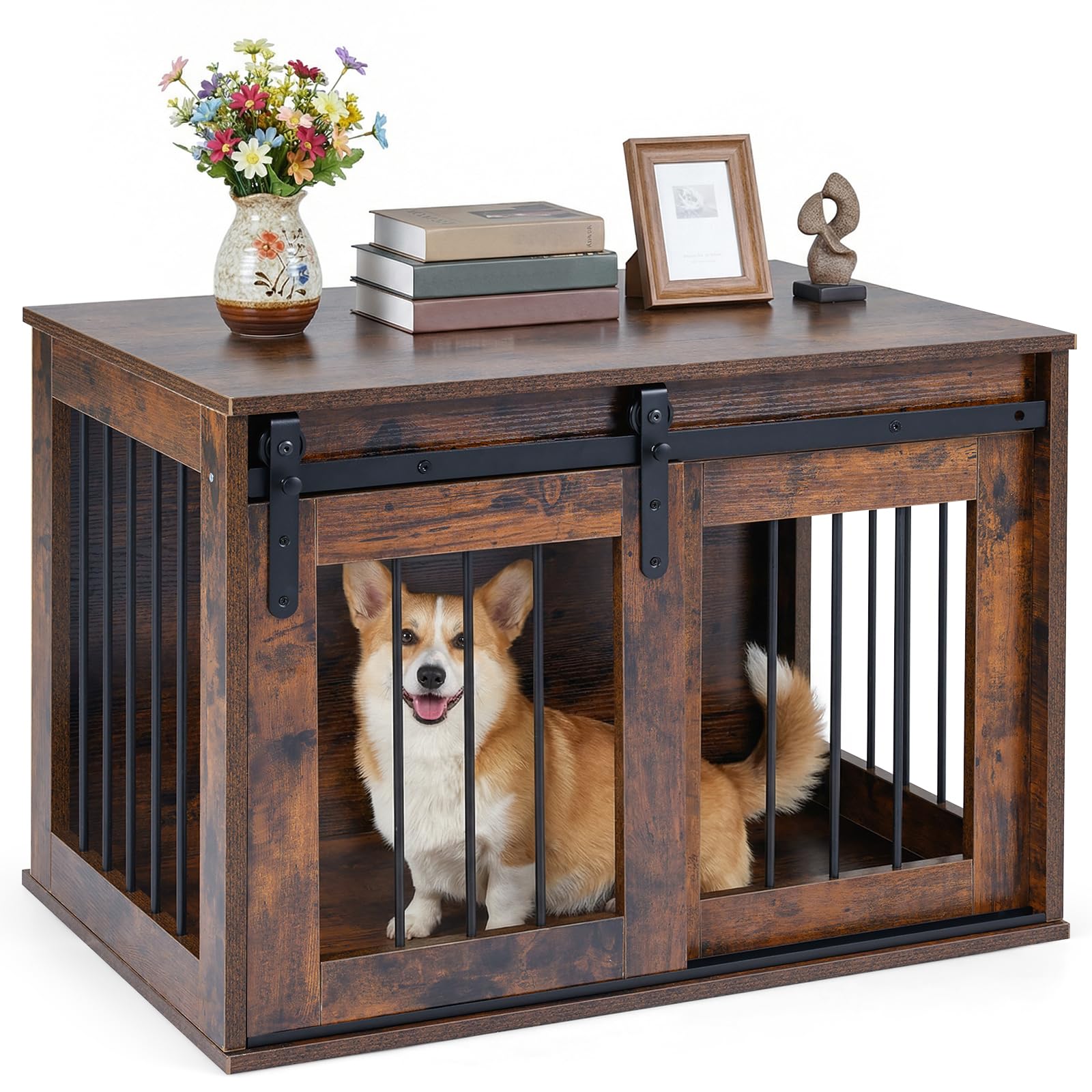 COSTWAY Jaula para Perros, Mueble para Perros con Puerta Corrediza, Mesa Lateral Decorativa, Estructura Metálica, Mueble Jaula de Madera para Mascotas Pequeñas y Medianas, 80 x 54 x 57 cm (Marrón)