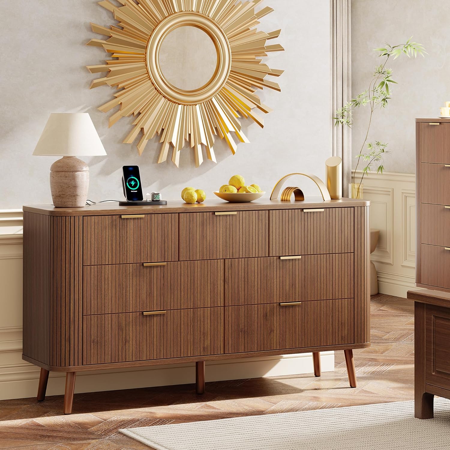 Alohappy Fluted 7 Drawer Dresser with Charging Station, 57" Wide Modern Chest of Drawers, Mid Century TV Stand with Curved Profile Design for Bedroom, Living Room, Entryway, Home Office, Walnut