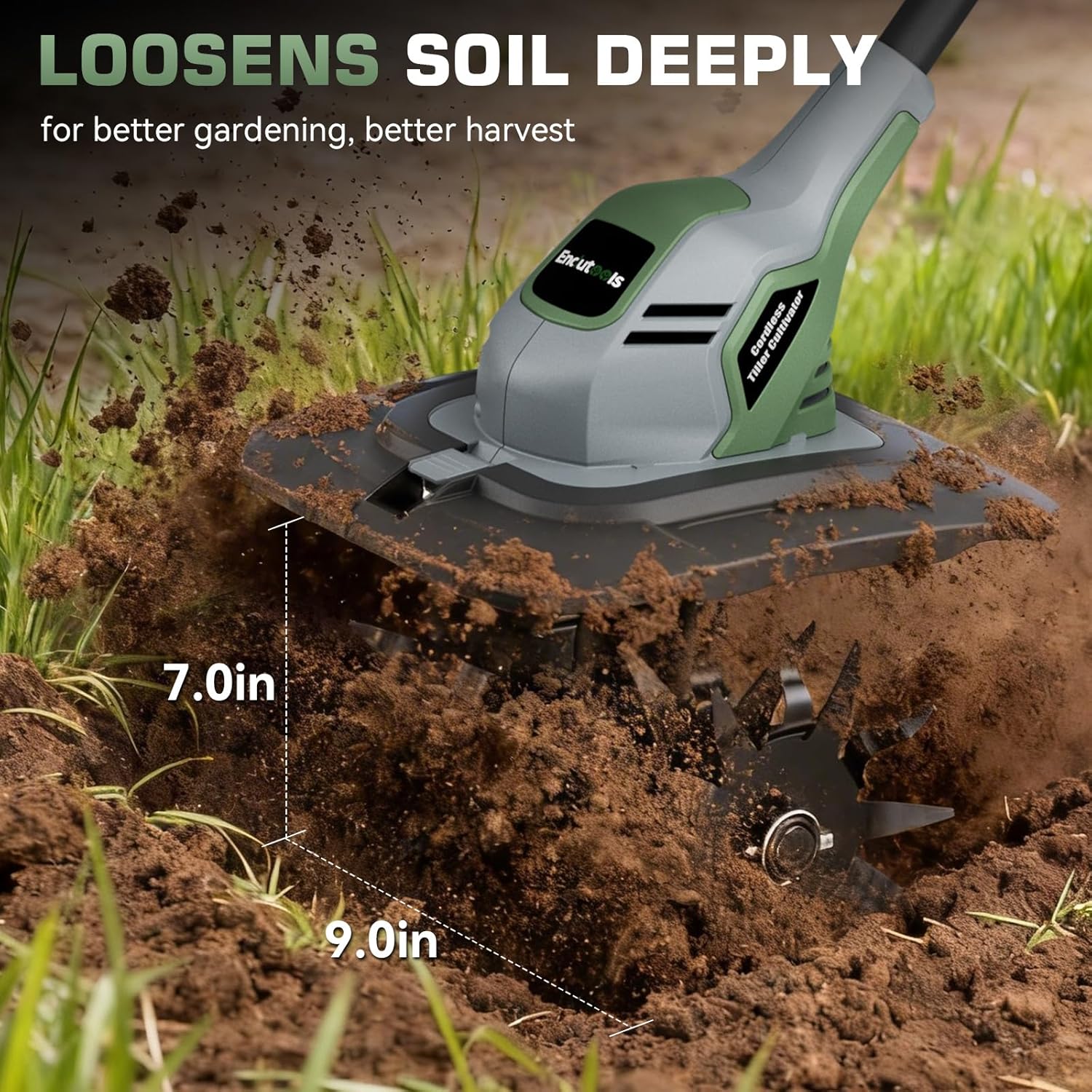Cordless Garden Tiller Cultivator 20V, 360RPM Battery Powered Electric Rototiller with 2×4.0Ah Batteries, 7" Depth 9" Width Soil Cultivator with LED Battery Indicator for Lawn, Yard, Vegetable Garden