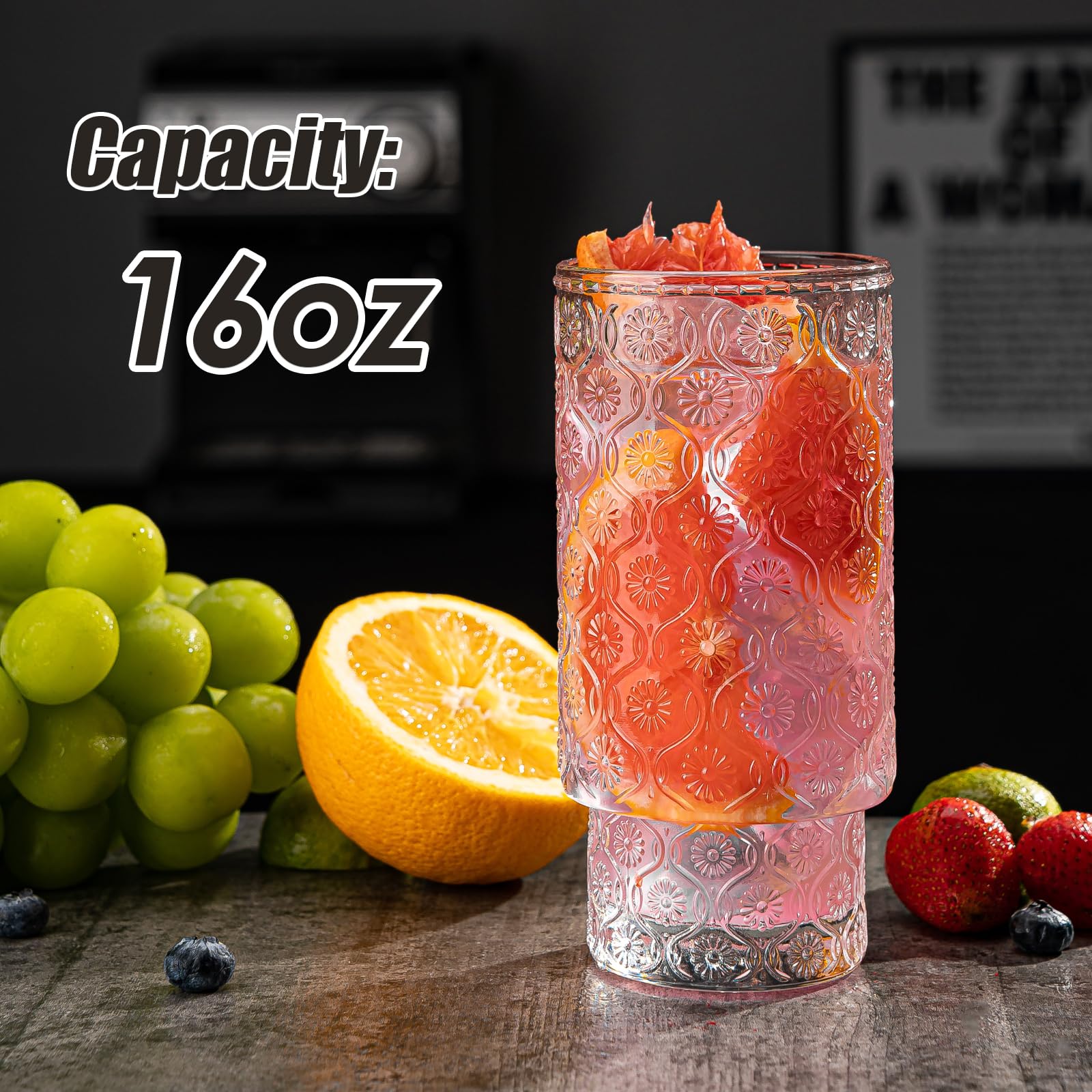 Trinkgläser, Origami-Stil, Glasbecher mit Strohhalm, 473 ml, 12 Stück Highball-Gläser, stapelbare Vintage-Glaswaren, gerippte Gläser, Eiskaffeegläser ideal für Cocktail, Whiskey, Saft