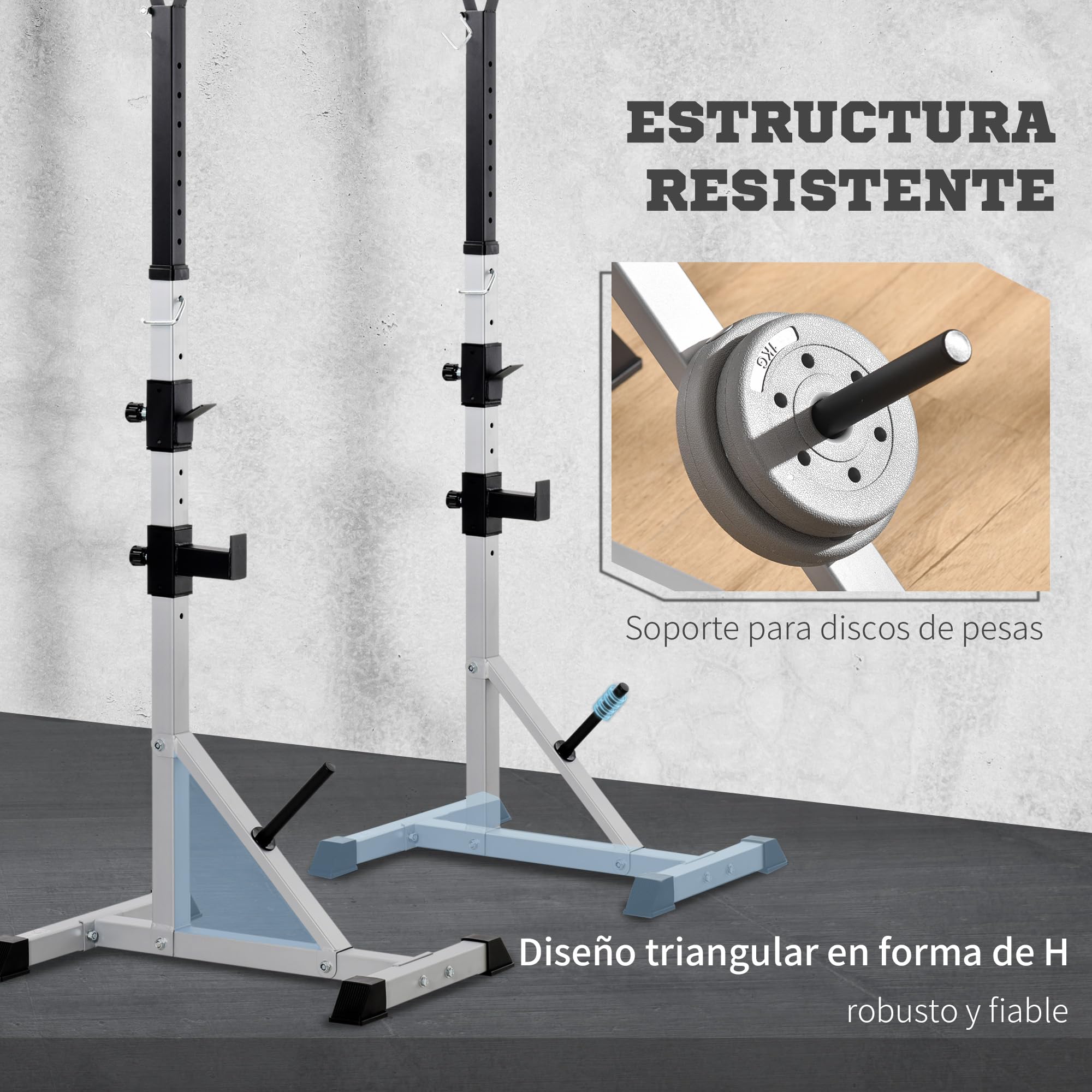 HOMCOM Soporte para Barras de Pesas Altura Ajustable 200 kg Plata Negro | Rack Musculación, Marco de Acero, para Entrenamiento en Gimnasio Casa