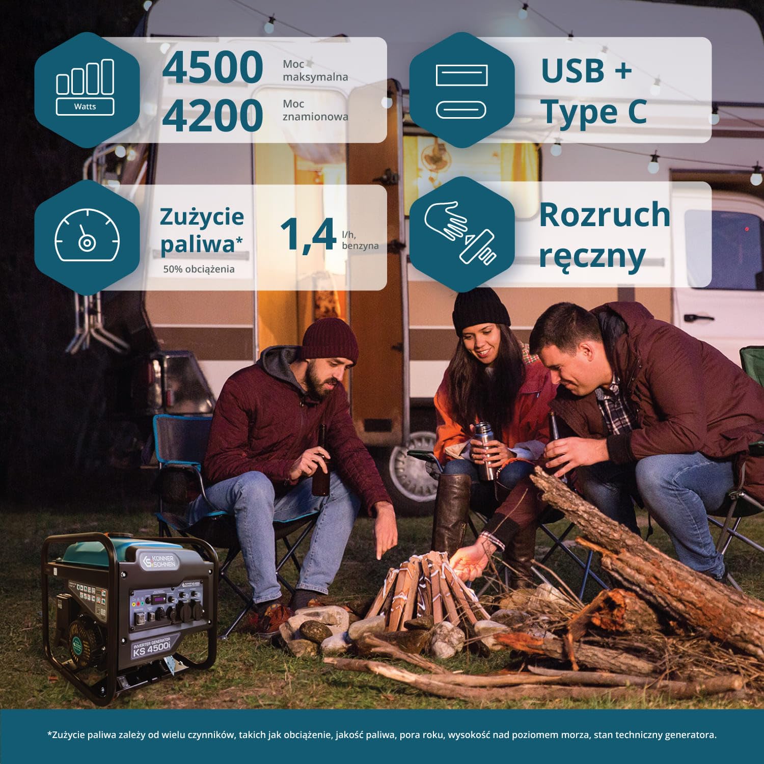 K&S Könner&Söhnen KS 4500i Inwerter, generator benzynowy, maks. moc 4500 W, USB QC 3.0, typ C, tryb ekologiczny, wyświetlacz LED, 4-suwowy, 12 V, 2 x gniazda 230 V, Könner & Söhnen