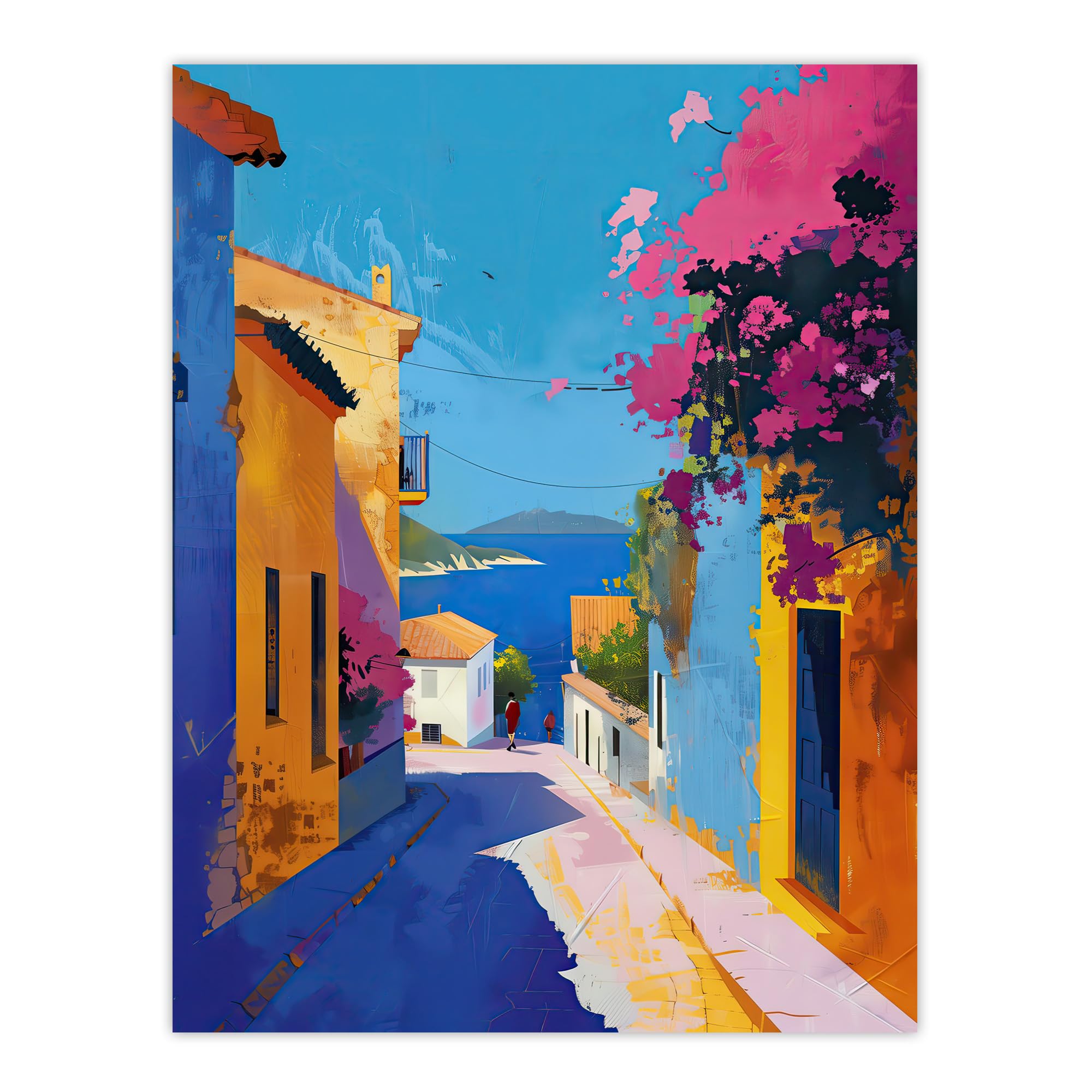 Artery8 Santorini Seaside Coastal Town Painting Colourful Bathroom Toilet Large Wall Art Poster Print Thick Paper 18X24 Inch
