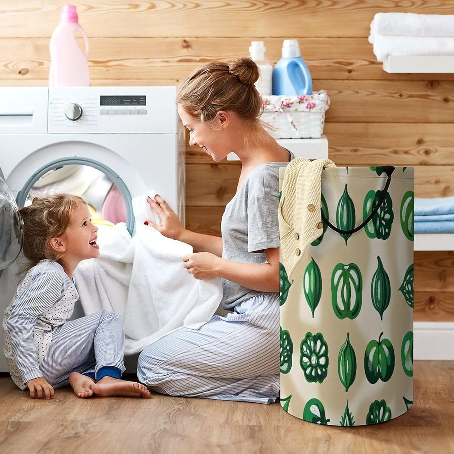 Green Pattern Laundry Hamper Large Collapsible Laundry Basket with Handles Waterproof Clothes Hamper Portable Dirty Clothes Basket for Bedroom Laundry Room Closet Bathroom