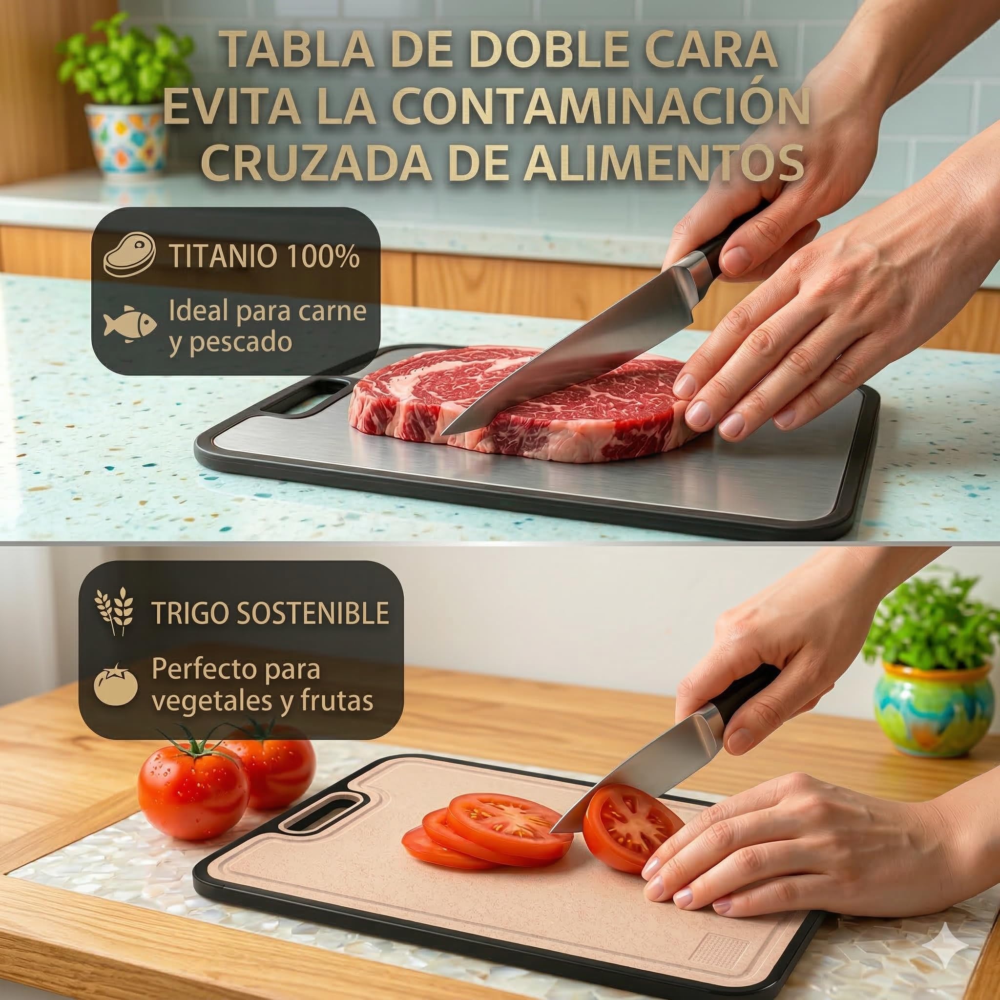 1 Tabla de Cortar Titanio 100% Puro – TIVALUX | Tabla Cocina Titanio 38,5x26,5cm Grande | Certificada LFGB y CE | Doble Cara Antibacteriana | Sin BPA | Trigo Ecológico | Tabla de Cortar Cocina Premium