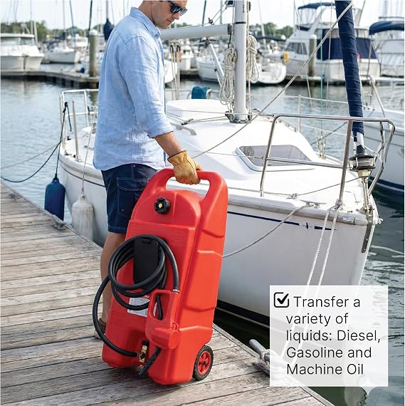 LAUCO 15 Gallons Gas Can, Heavy-Duty Fuel Tank with Manual Transfer Pump & 10FT Hose, Portable Gas Caddy with Wheels, Leak-Proof Gas Container for Lawn Mowers, Cars, Boats, 87259