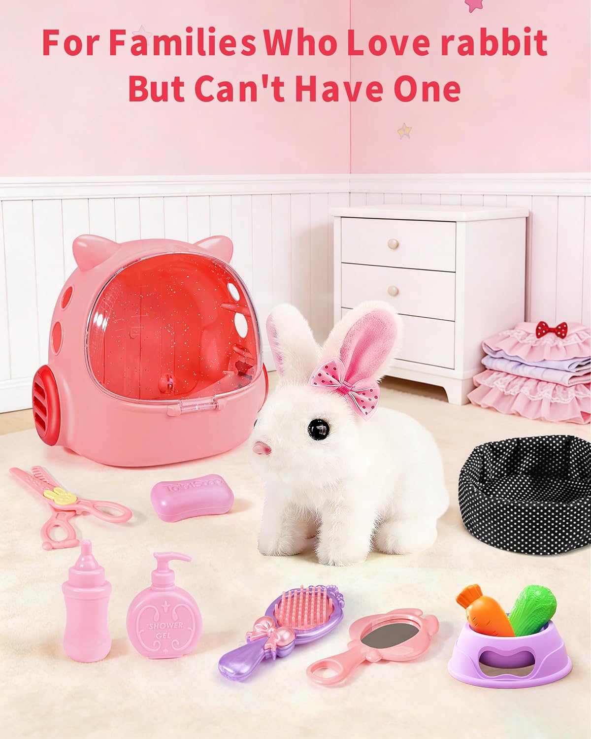 23 Pcs Hopping Bunny Toy for Kids 3-5 5-7, Electronic Interactive Rabbit with Backpack, Wiggling Ears Squeaking Plush Pet, Pretend Play Easter Birthday Gifts for Girls 4 6 8 Year Old
