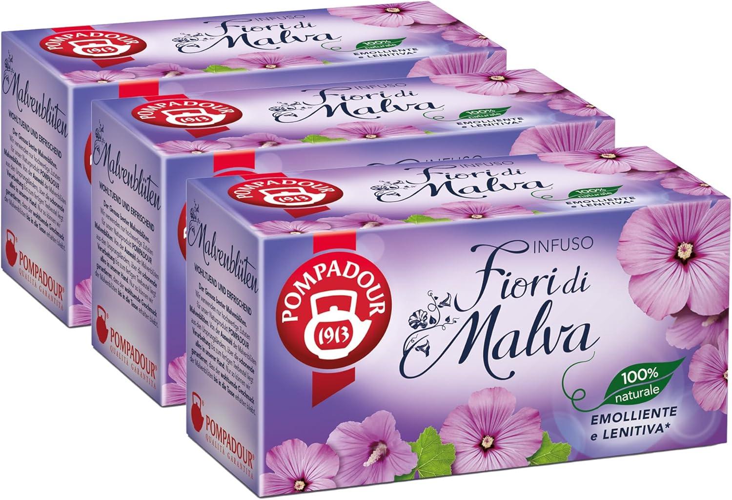 Pompadour, Infuso Fiori di Malva, 60 Filtri (3 Confezioni da 20 Filtri), Idratante, Lenitivo, Emolliente, 100% Naturale, Senza Lattosio, Glutine e Allergeni, Vegan - Immagine 1