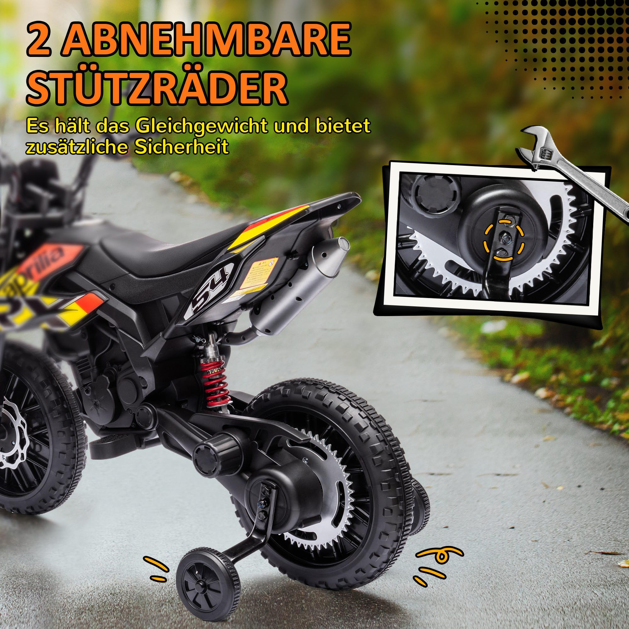 AIYAPLAY Elektro Kindermotorrad Aprilia Elektromotorrad mit USB, Stützrädern, Musik, Scheinwerfer, Kinder 6 km/h Elektro Motorrad mit 2 Stützrädern für Kinder von 3-8 Jahren Gelb