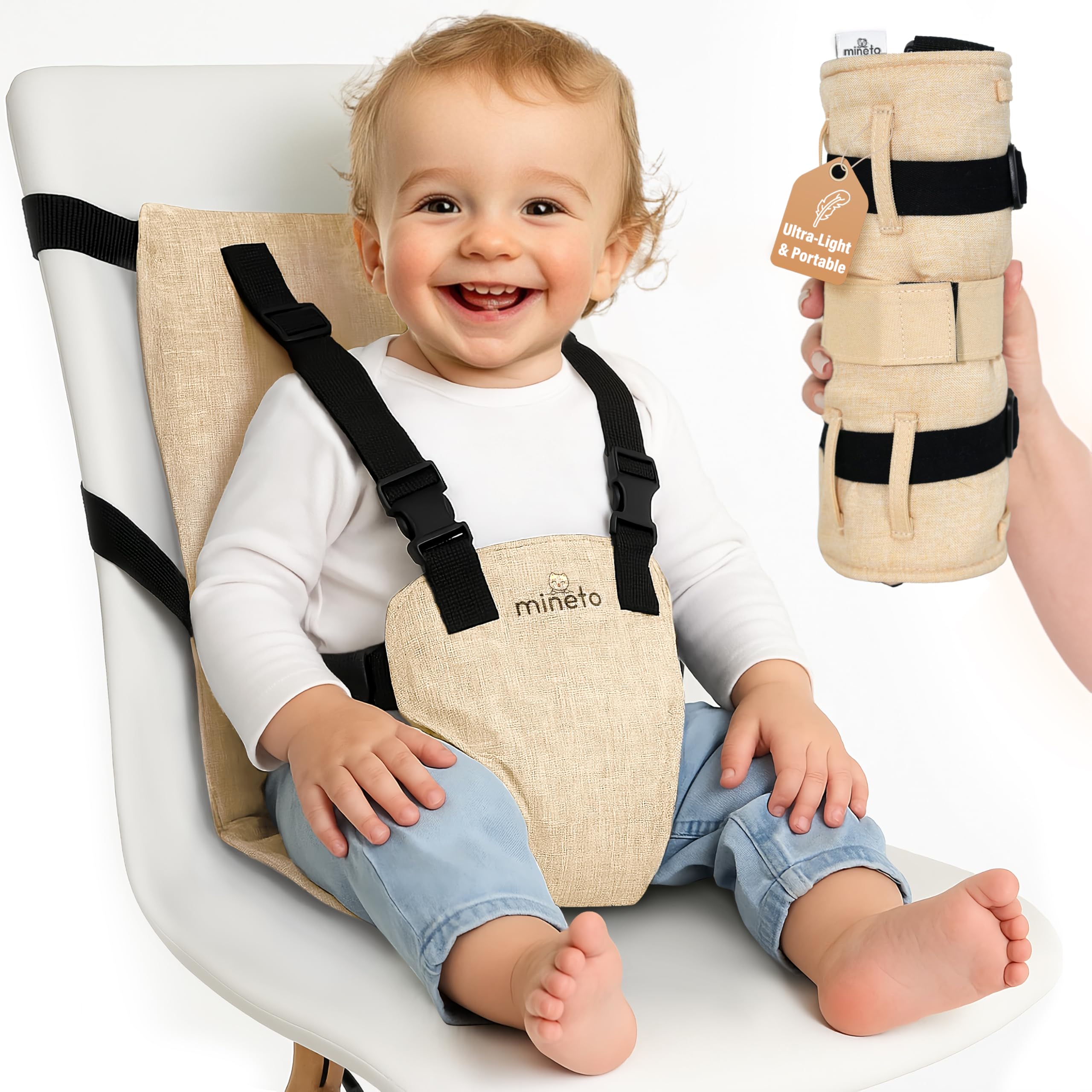 Mineto Tragbare Sitzerhöhung für Baby & Kinder - Klappbarer Hochstuhl für Zuhause & Unterwegs - Reise Kinderhochstuhl verstellbar und sicher