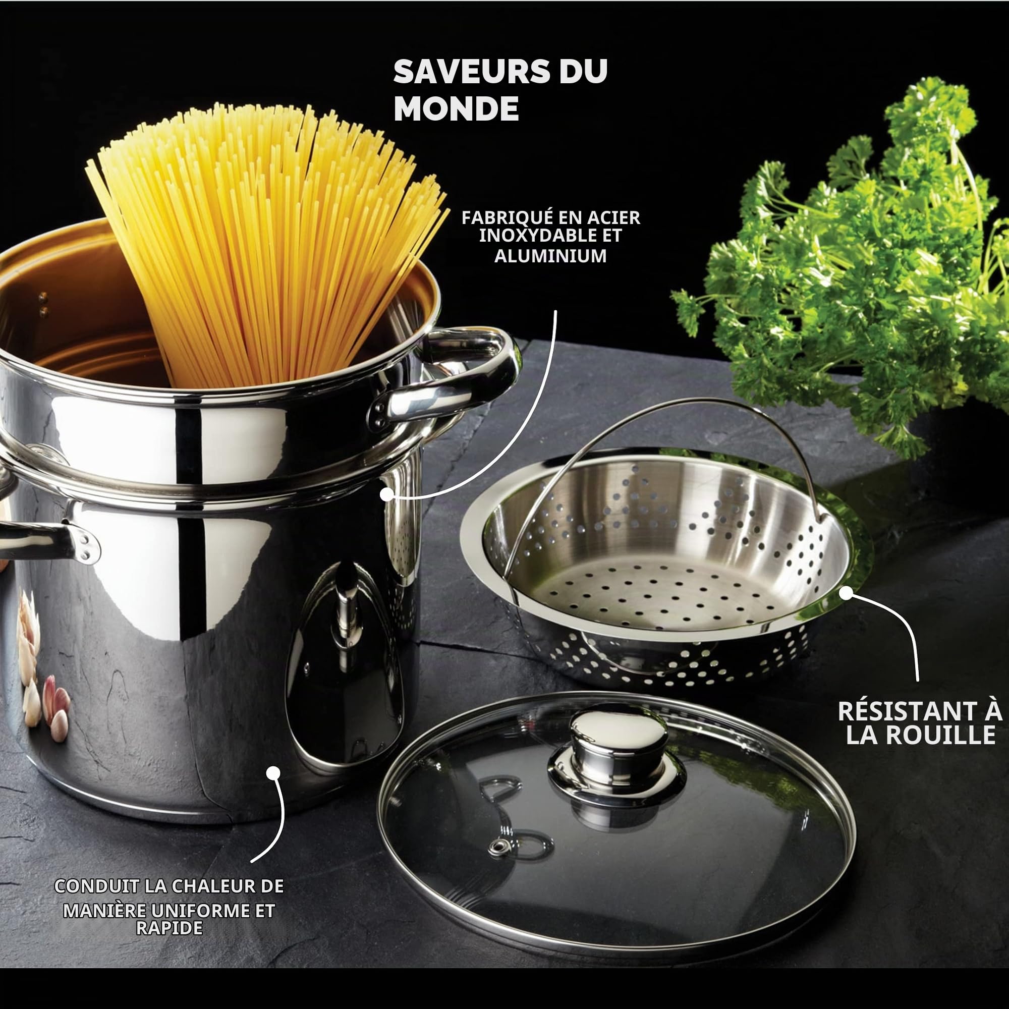 KitchenCraft - Pot À Pâtes World Of Flavours Avec Passoire Et Panier À Légumes Dans Une Boîte Cadeau, Résistant À L'Induction, Acier Inoxydable, 4 Litres