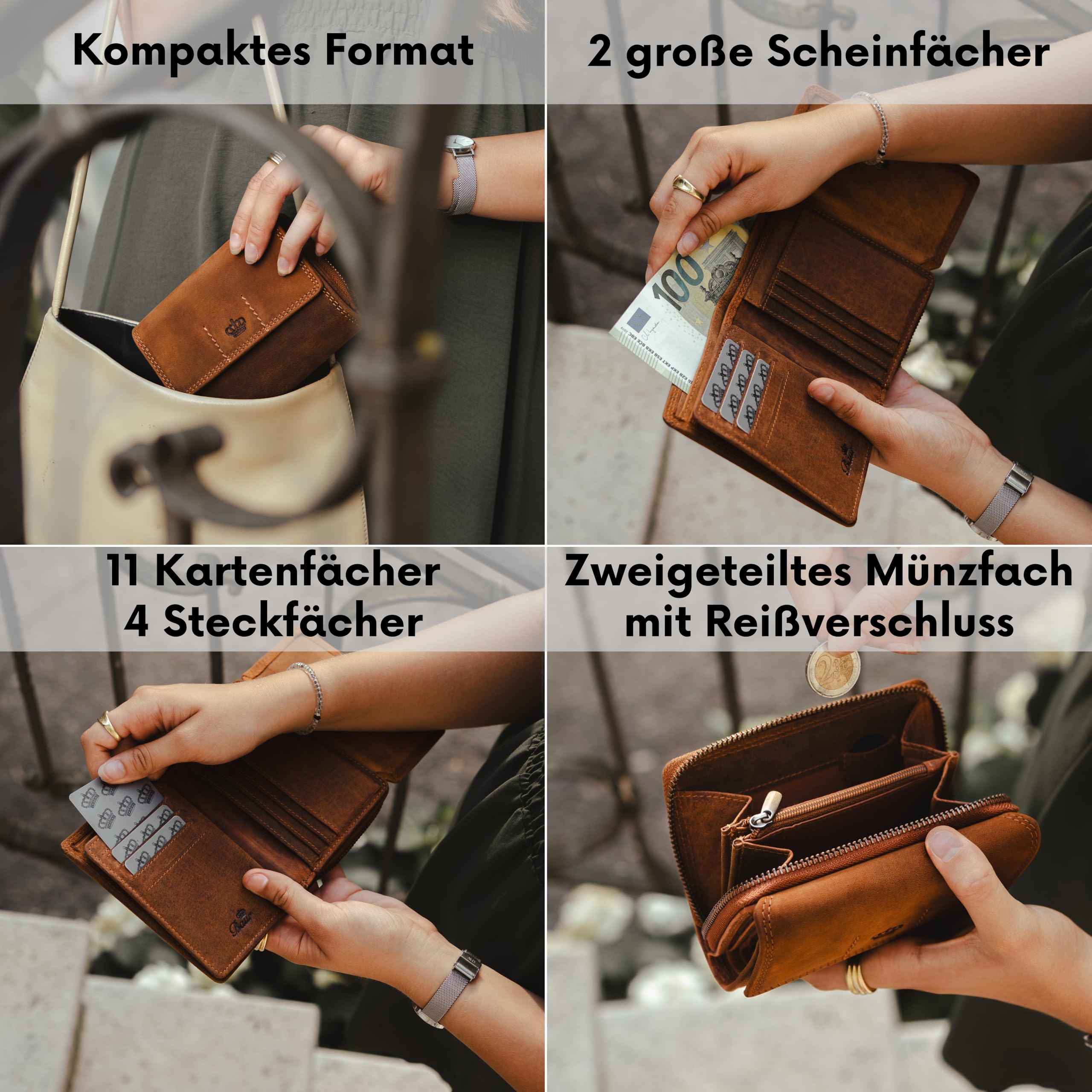Baur Damen Geldbörse – Echtes Büffelleder mit RFID-Schutz – Kompaktes Portemonnaie mit vielen Kartenfächern – Druckknopfverschluss und Münzfach mit Metall-Reißverschluss (Braun)