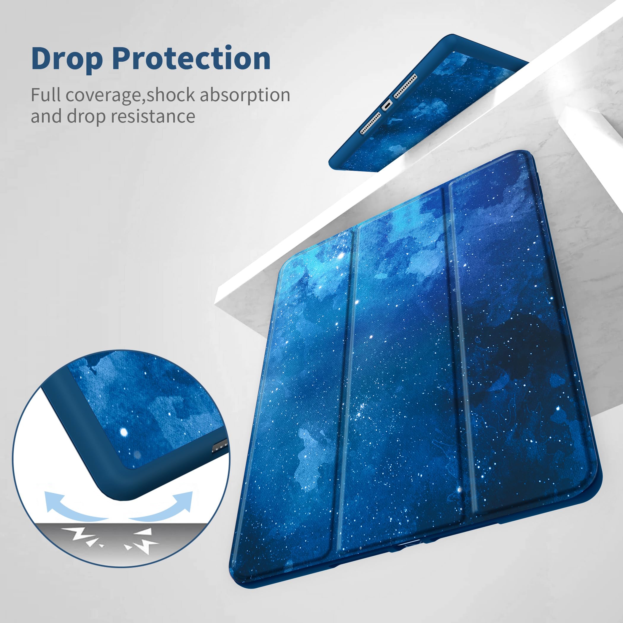 CACOE Cover Custodia Compatibile con iPad 8a Generazione 2020/iPad 7a Gen 2019, Leggero Cover Protettivo Supporto Pieghevole con Pencil Holder per iPad 10.2, Stella Blu