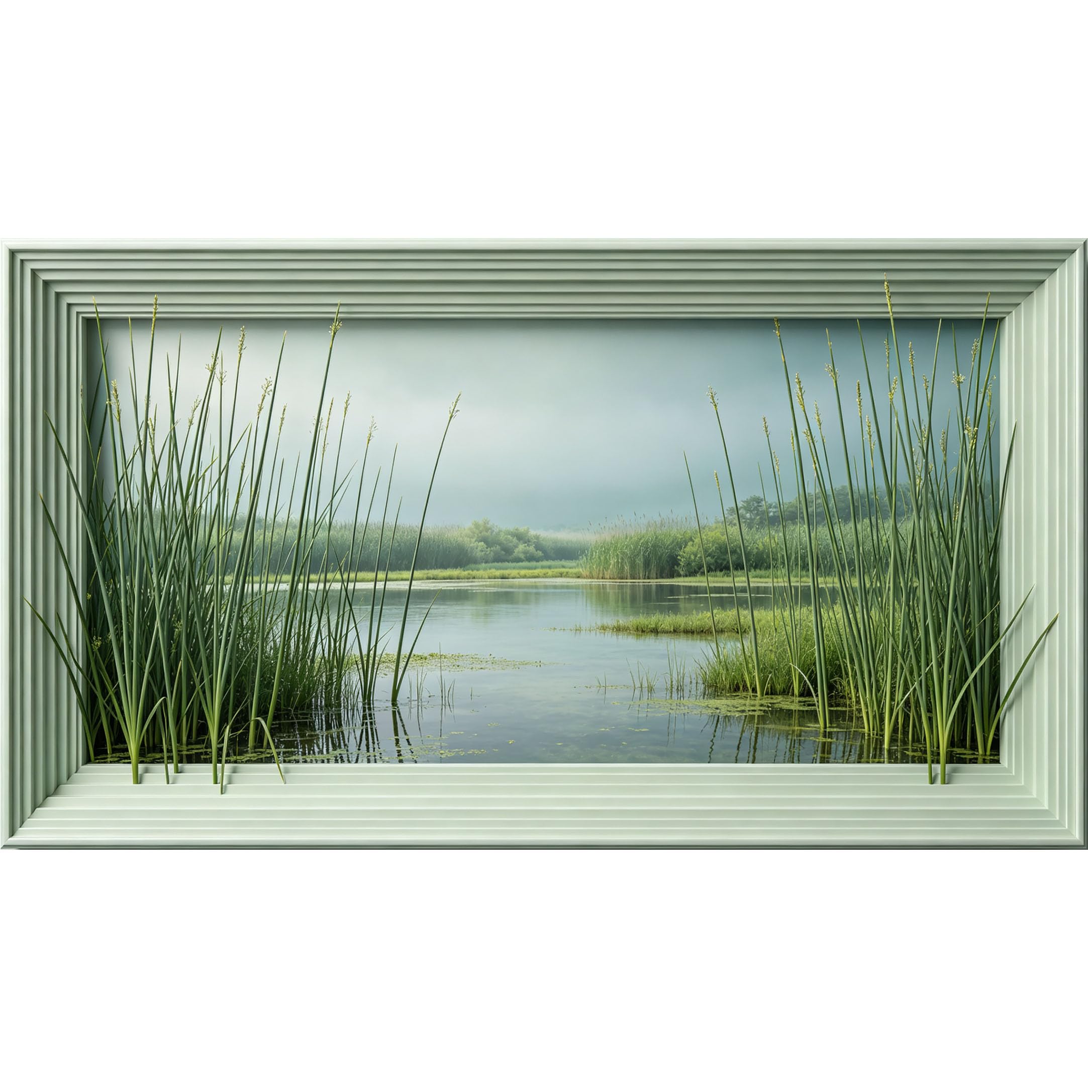 QZLITHOTIC 50×90cm3D Framed Wall Art， Mist Lake Reed Landscape Self?Adhesive Mural， Water?Activated Peel & Stick Fabric Decor Wall Decal for Bedroom Living Room， Modern Nature Scenery