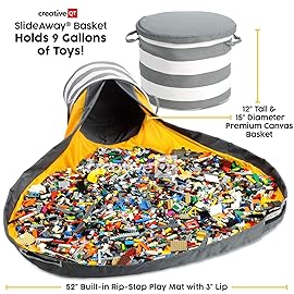 Creative QT SlideAway Toy Storage Organizer & Extra Large 52 Play Mat, Collapsible Storage Bins for Building Bricks, Small Blocks, Toys, Drawstring Cleanup for Kids Playroom & Classroom, Grey Stripes
