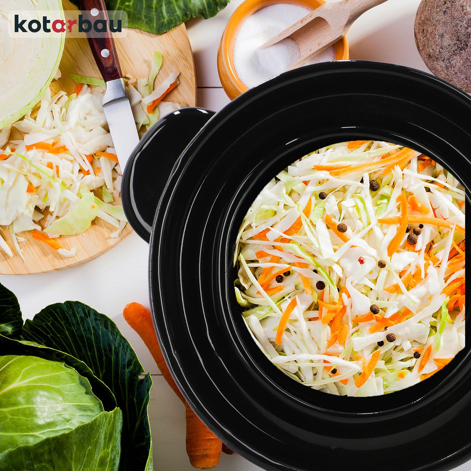 KOTARBAU® Kimchi Pot à fermentation en faïence 5 l Pot à rhum Pot à choucroute Pot en argile avec couvercle Pot à rhum avec couvercle en bois d'ébène Pot à concombre Hermétique