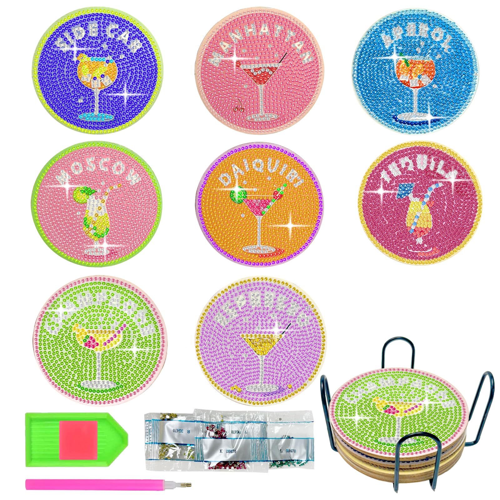 Sottobicchieri Diamond Painting, 8 Pezzi Kit di Sottobicchieri per Pittura con Diamanti per Adulti, DIY Cocktail Sottobicchier with Holder, Kit Artistico con Diamanti