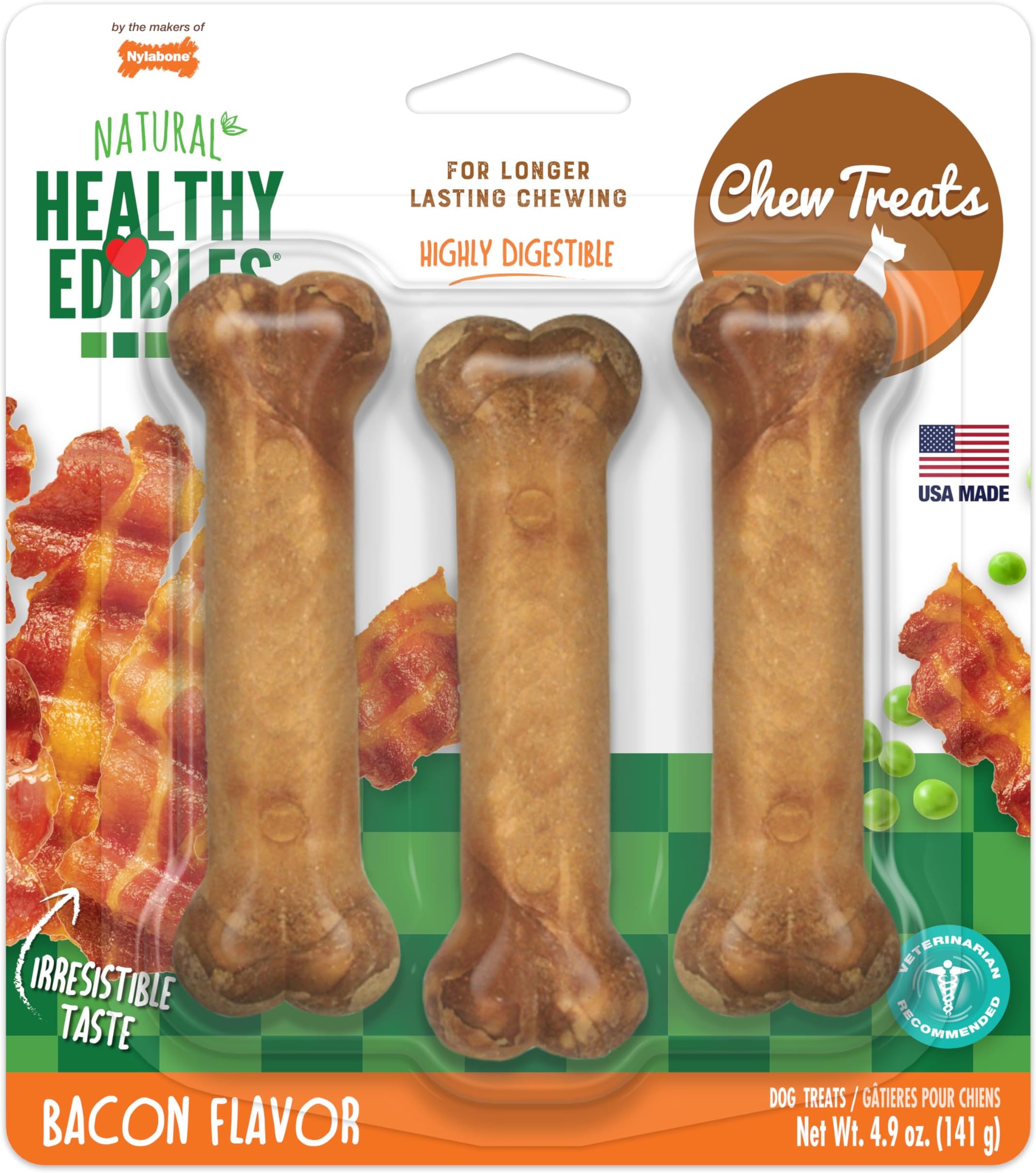Healthy Edibles Natural Dog Chews Long Lasting Bacon Flavor Treats for Dogs, Small/Regular (3 Count)