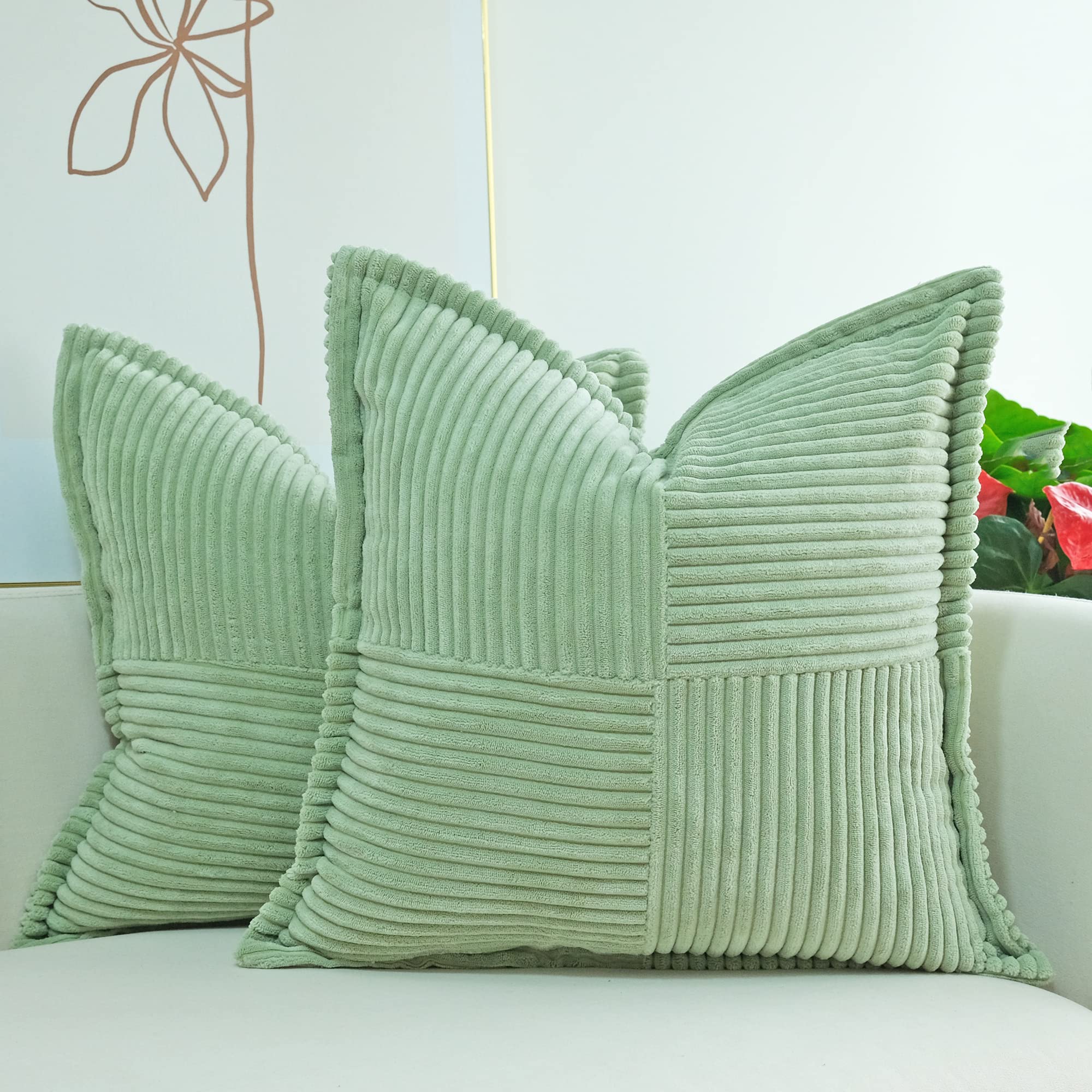 JOJUSIS Corduroy Pillow Covers with Splicing Set of 2 Super Soft Boho Striped Pillow Covers Broadside Decorative Textured Throw Pillows for Spring Couch Cushion Livingroom (Sage Green, 18 x 18 Inch)