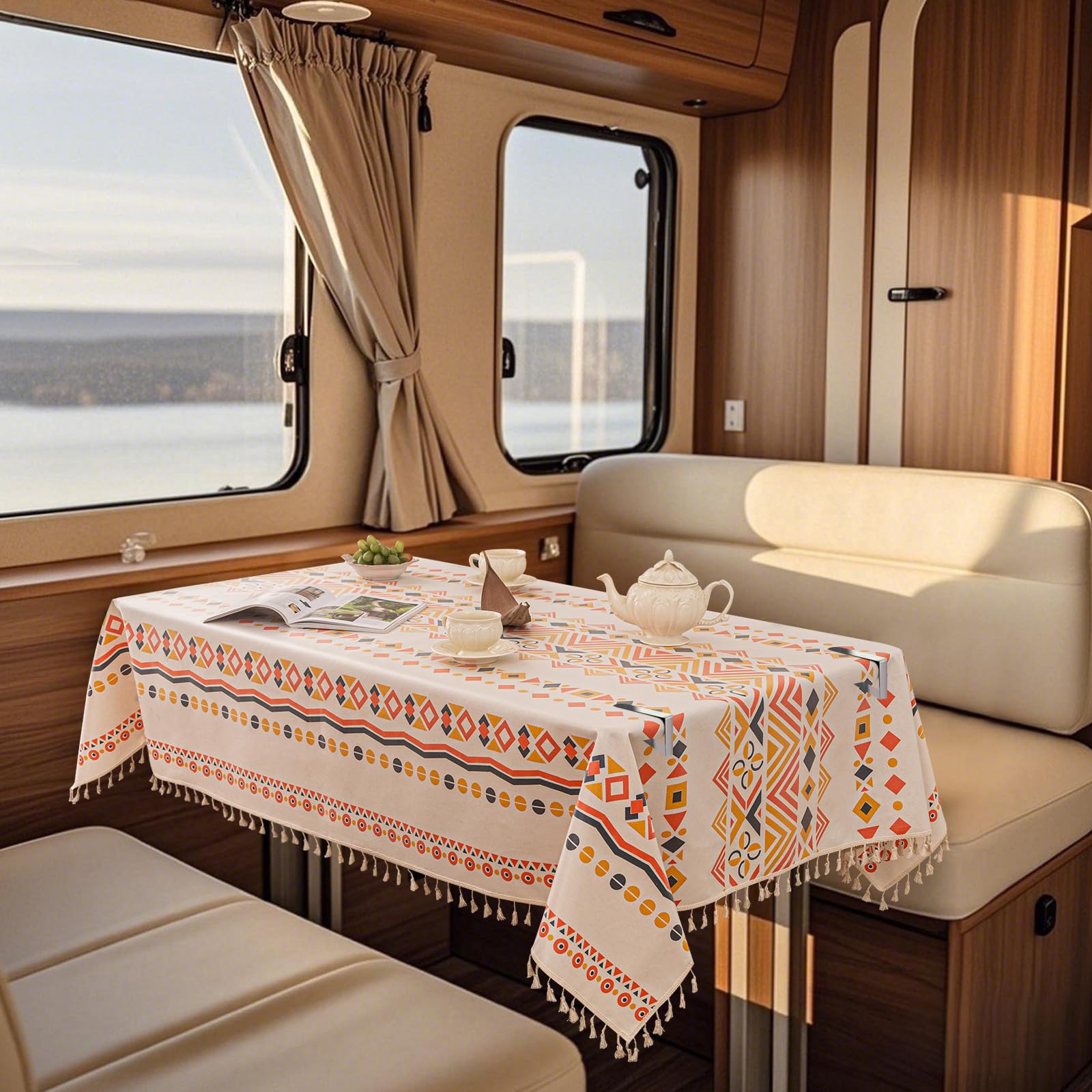 UNBBRRL RV Dinette Tablecloth Waterproof, Dinette Table Covers for RV Camper, Tablecloths for Rectangle Tables with Tassel, Dining Table Cloth with 6