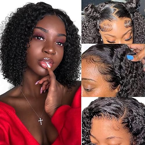 Curly Bob Wig Human Hair 10 Inch Middle Part 13x4 Lace Frontal Wig Hd Transparent Lace Front Wigs Human Hair 150% Density Short Bob Curly Wigs For Black Women Pre Plucked Natural Color