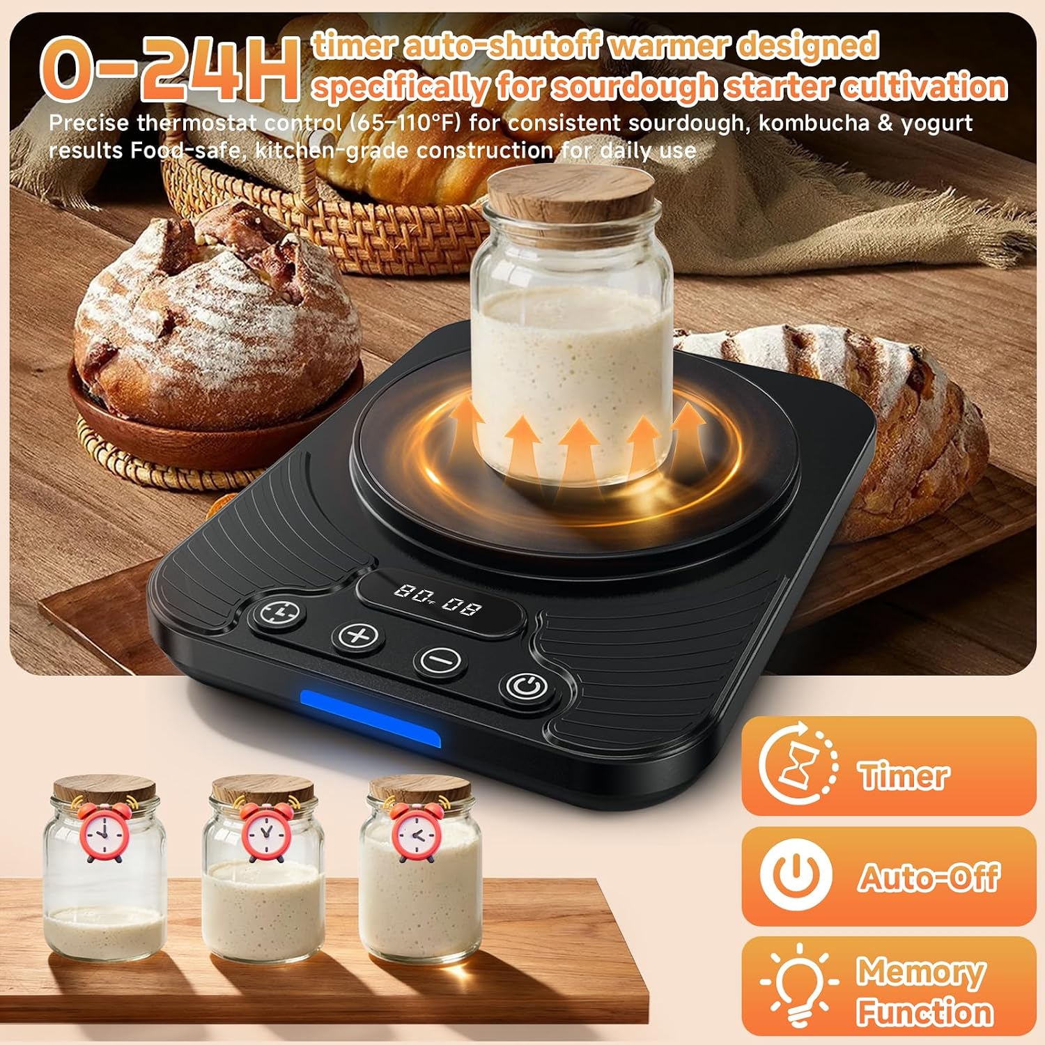 Sourdough Starter Warmer,Powered by USB，70-100°F ，Accurate to 1°F, with Timer Switch Function(0-24 hours),Smart Memory,Ideal for Home Baking.（Black）