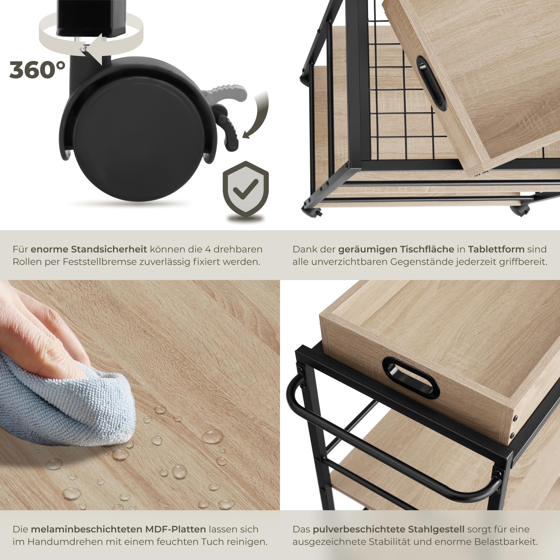 tectake® Servierwagen mit Rollen, abnehmbares Tablett, Kitchen Trolley 65 x 41,5 x 87 cm, Küchenwagen mit Rollen, Rollwagen Küche mit 2 Ablagen, Bastelwagen, Industrial Holz hell, Eiche Sonoma